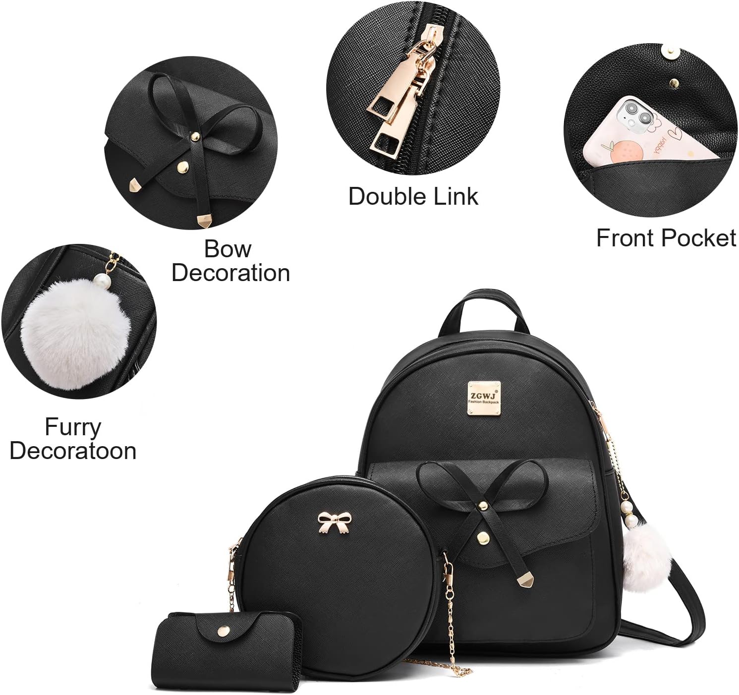 Aogist Mini Leather Backpack Purse 3-Pieces Fashion Bowknot Zipper Bags Cute Casual Travel Daypacks for and Women - Image 2