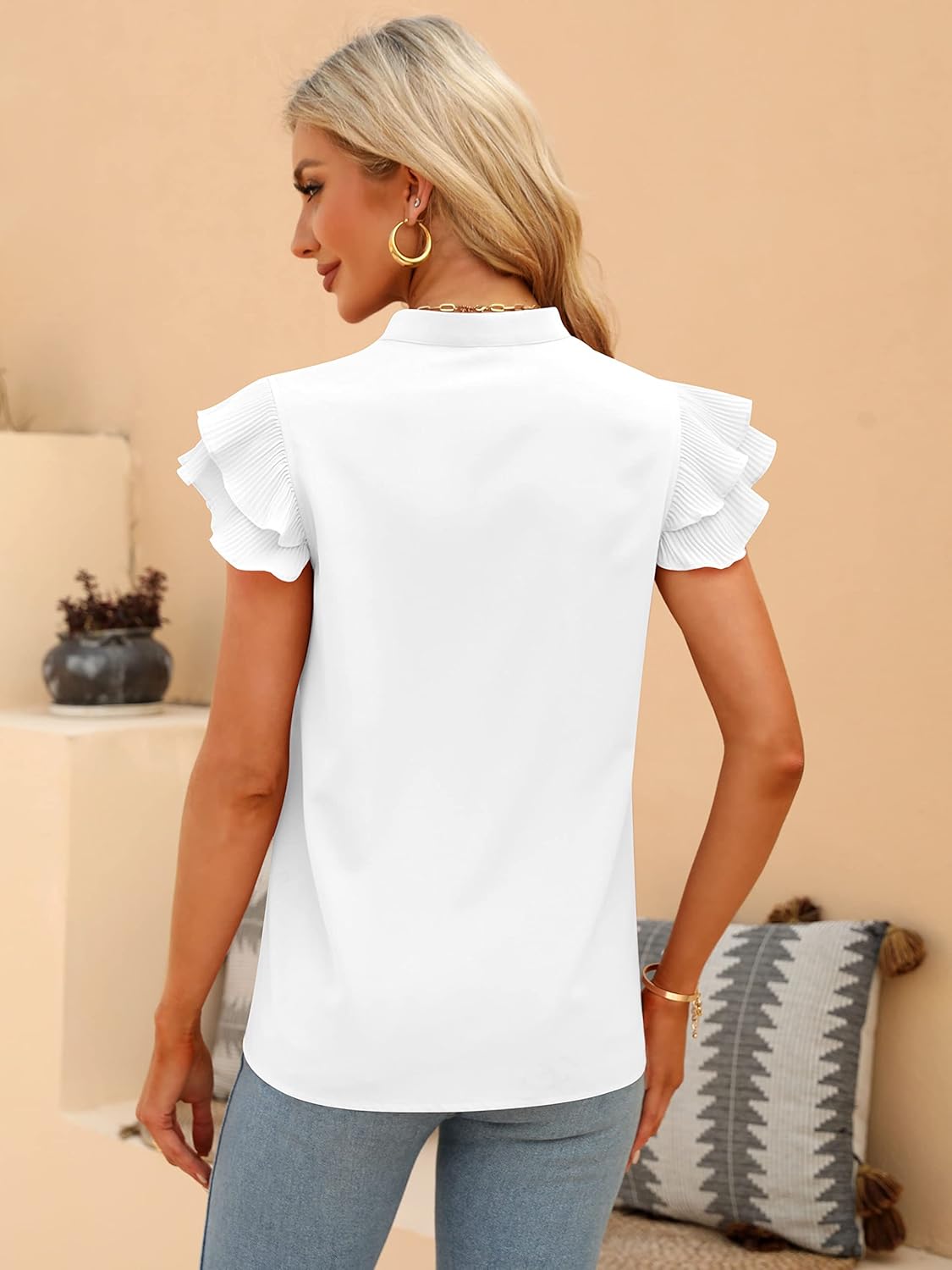 Sucolan Women's Summer Tops Dressy Casual Notch V Neck Ruffle Short Sleeve Flowy Shirts Cute Blouses Tops - Image 5
