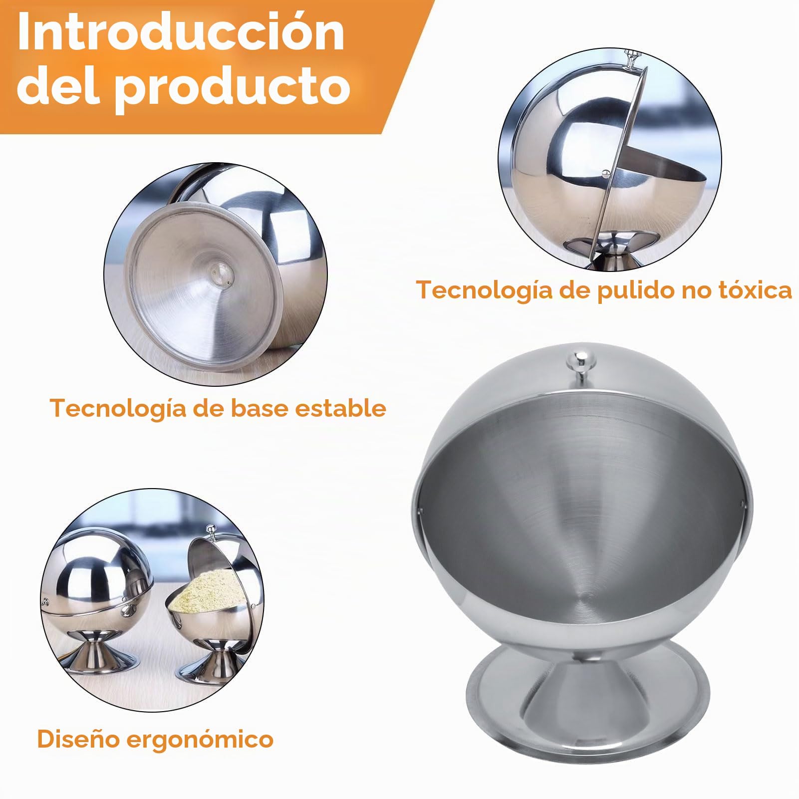 Agatige Azucarero De Acero Inoxidable, Cuenco Esférico Para Dulces Para Oficina, Soporte Para Cubos De Azúcar Con Tapa Enrollable Azucarero Recipiente De Sal En Forma De Globo Para Cocina Casera