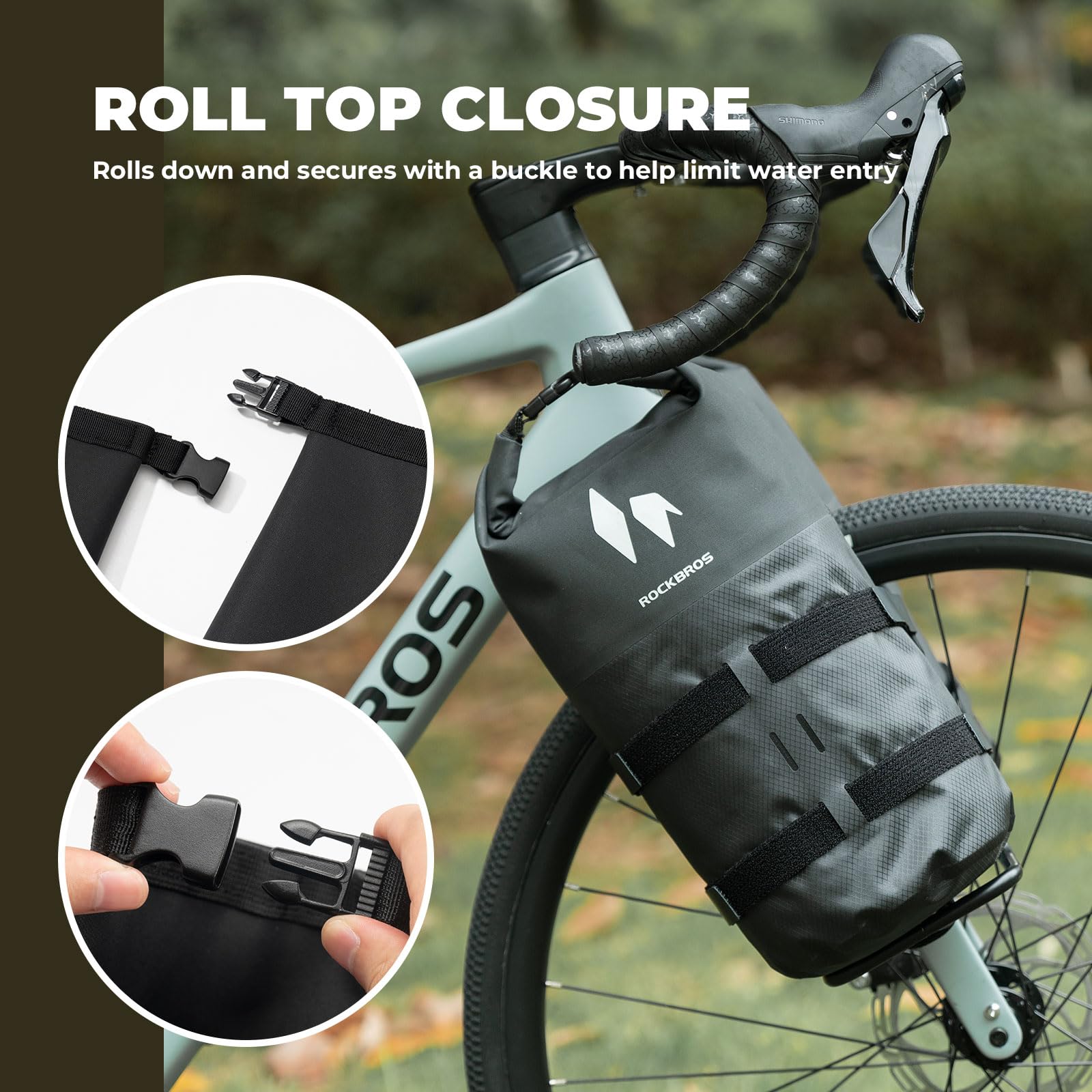 ROCKBROS Wodoodporna torba na widelec rowerowy do bikepackingu 7 l, przednia torba z zapięciem rolowanym, boczna torba na bagażnik do roweru szosowego, roweru gravelowego, roweru górskiego (MTB