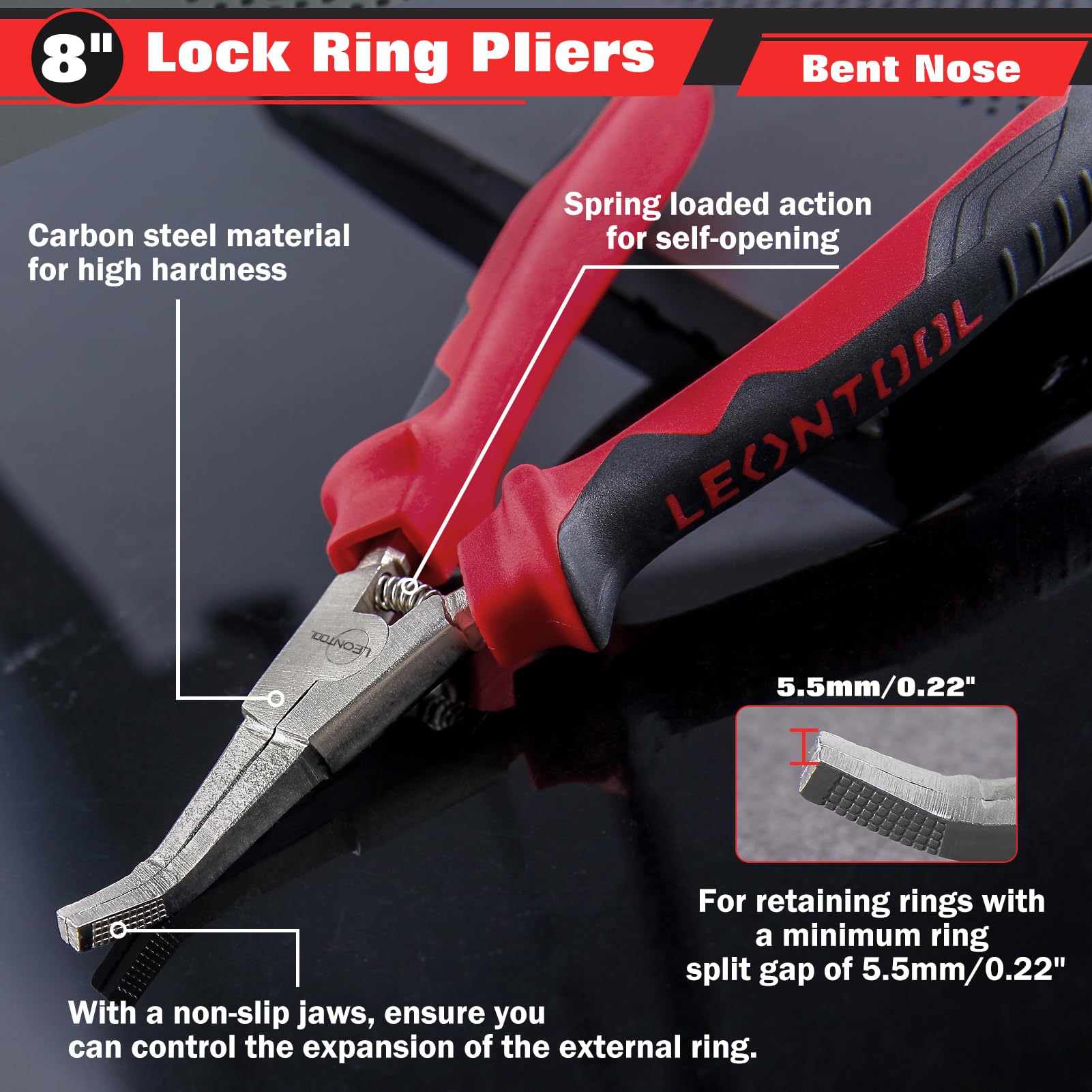 LEONTOOL 8 Inch Bent Nose Lock Ring Pliers for Transmission Transfer Cases & More, Red, Large - Image 3