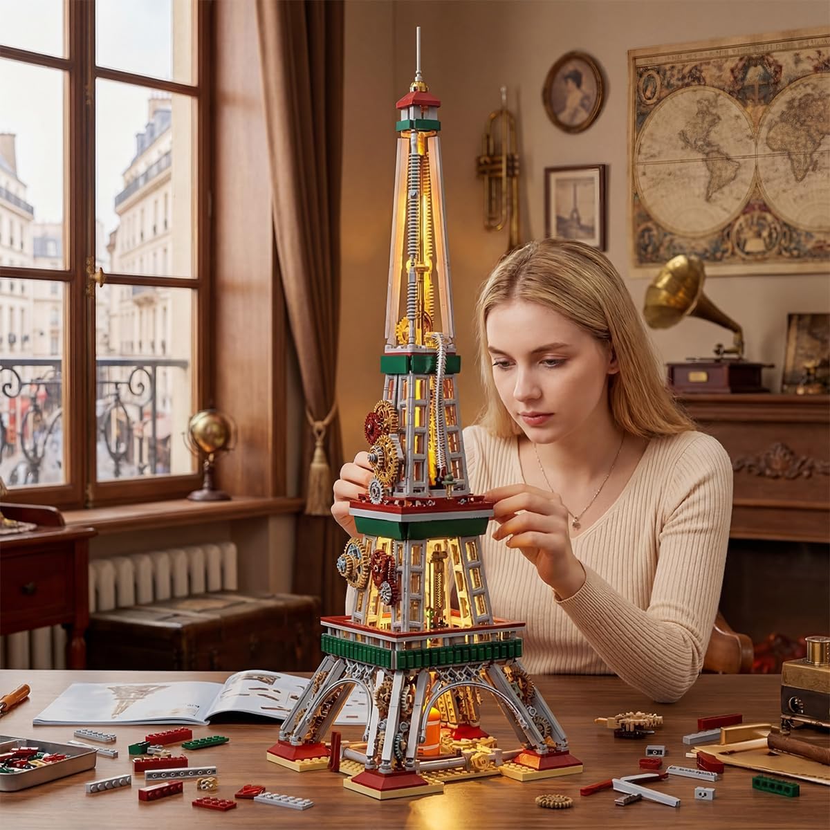 Steampunk Eiffel Tower Building Set for Adults, Paris Architecture Skyline Model with Mechanical Gears & LED Lights, Display for Home Office Decor,for Architecture Enthusiasts 1651pcs
