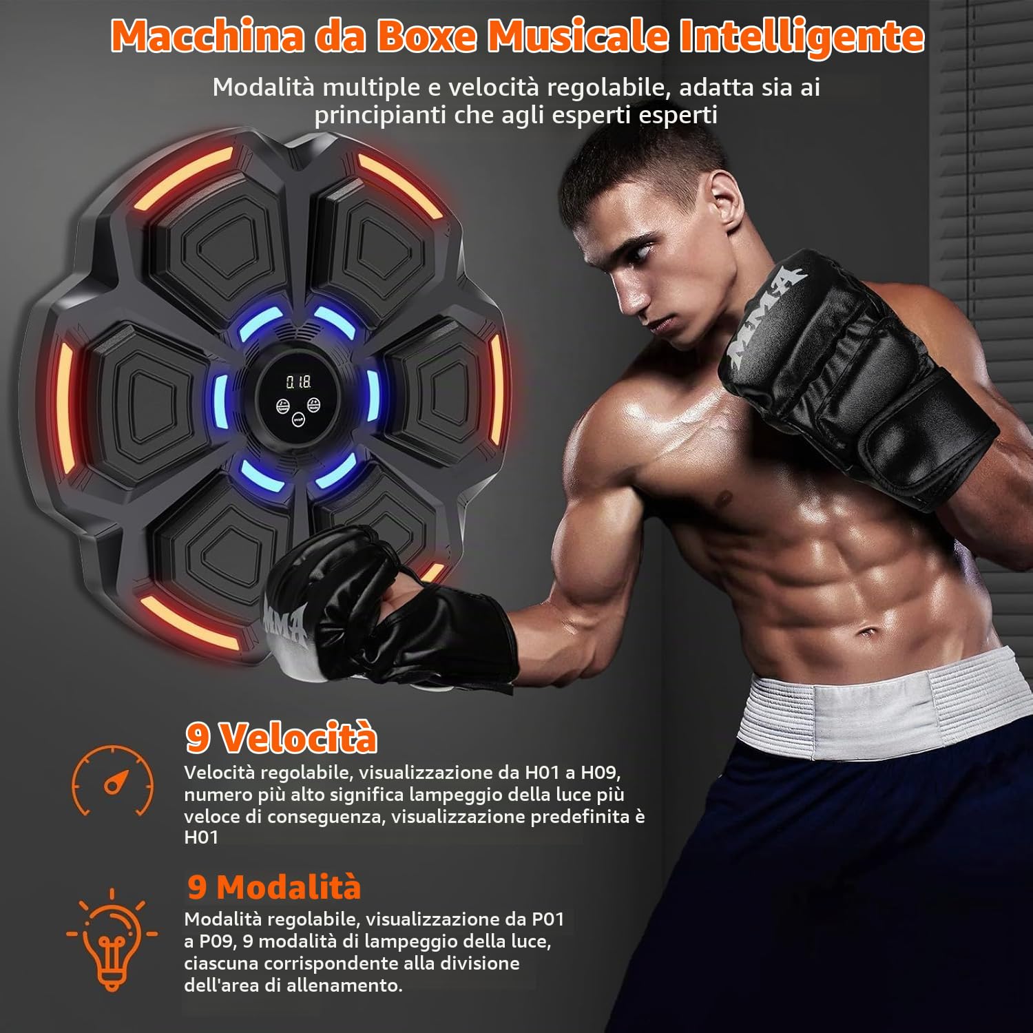 snawowo Music Boxing Machine Adulti - 9 Velocità di 9 Modalità Macchina da Boxe Musical Pugile con Guanti - LED Musica Bluetooth Boxe Allenamento per Casa