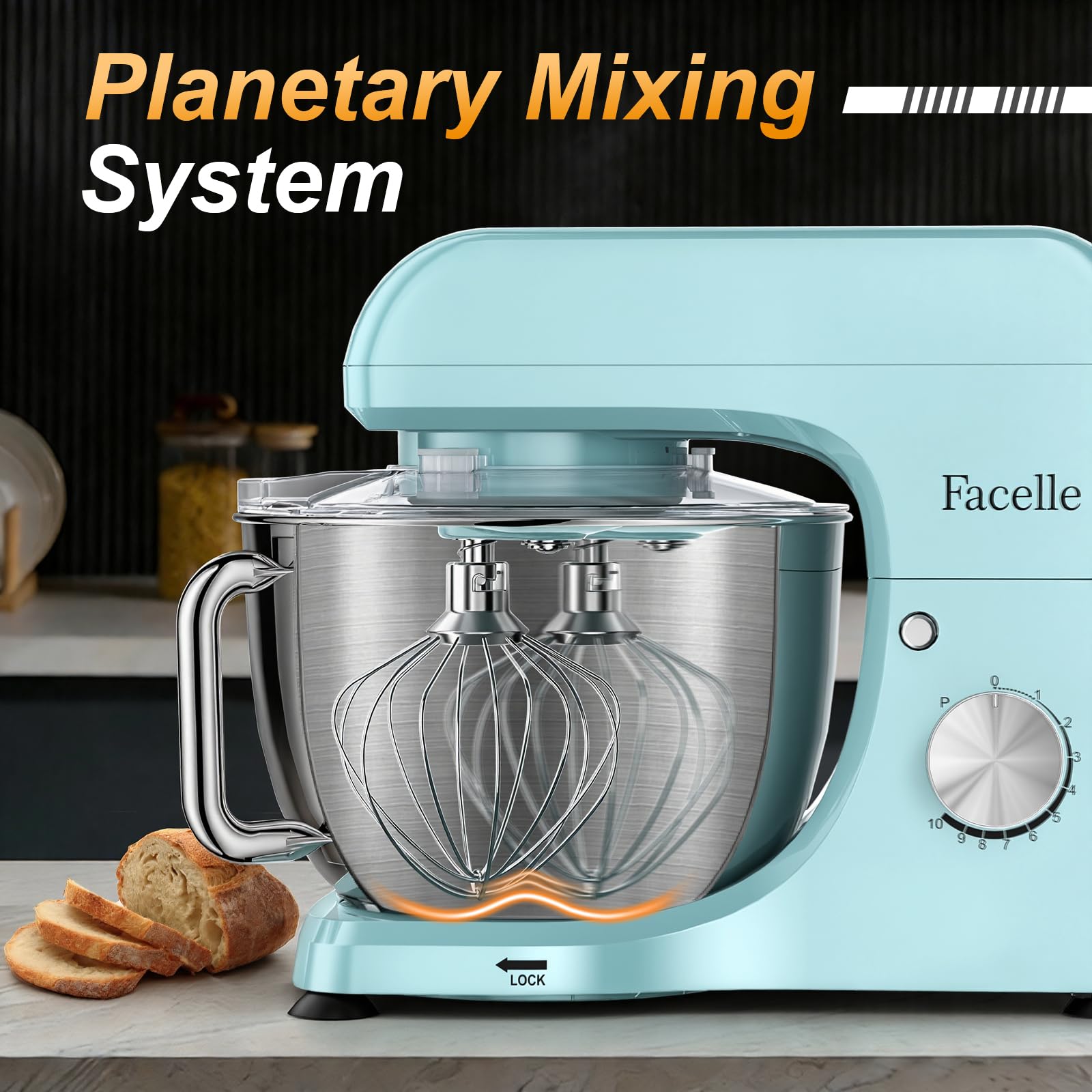 Küchenmaschine 1500W, Knetmaschine mit 10 Geschwindigkeitsstufen, 5.5L Edelstahl-Rührschüsseln, planetarischen Rührsystem, Teigmaschine mit Rührhaken, Knethaken, Schlagbesen und Spritzschutz