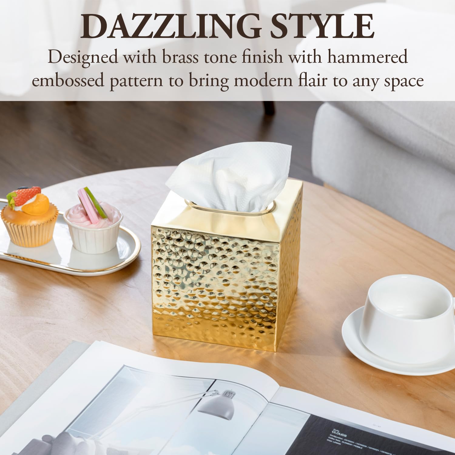 MyGift Modern Hammered Brass Tone Metal Cube Facial Tissue Box Cover with Open Bottom, Decorative Pebbled Texture Square Holder for Bathroom Tissues - Handcrafted in India