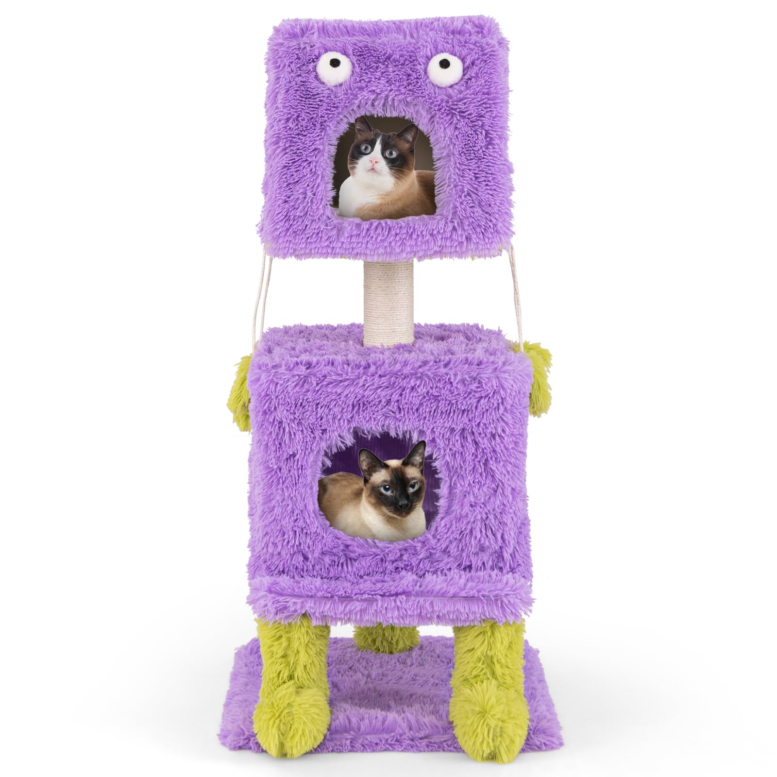GYMAX Cat Tree, 111cm Monster-Themed Cat Tower with 2 Cat Condos, Sisal Scratching Post and Hanging Sound-Making Toys, Cute Kitten Activity Center for Indoor Cats