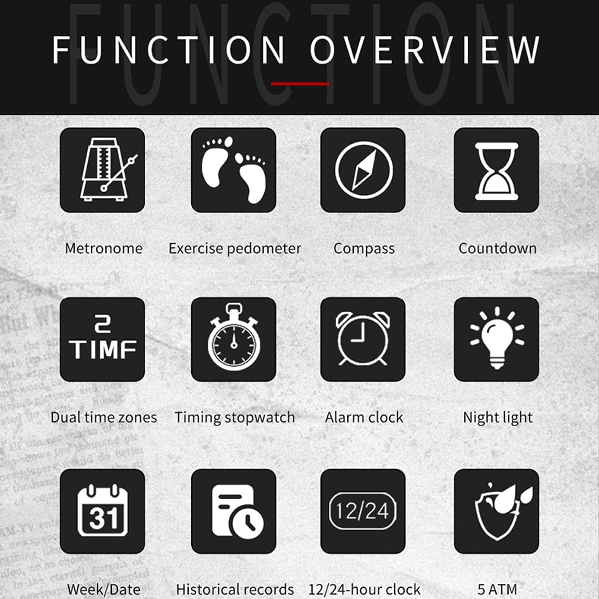 findtime Montre numérique pour homme avec podomètre, compteur de pas, boussole militaire, étanche, montre de sport, compteur de calories, montre de course à pied, chronomètre, compte à rebours