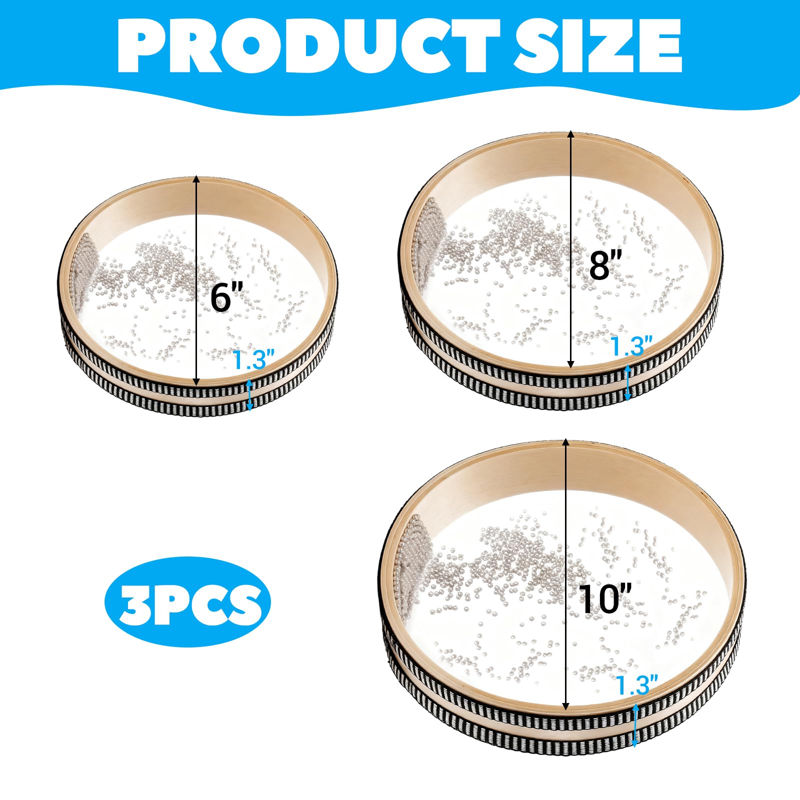3 tamburi oceanici con perline a forma di onde oceaniche, per strumenti di guarigione del suono antistress, 15,2 cm, 20,3 cm, 25,4 cm
