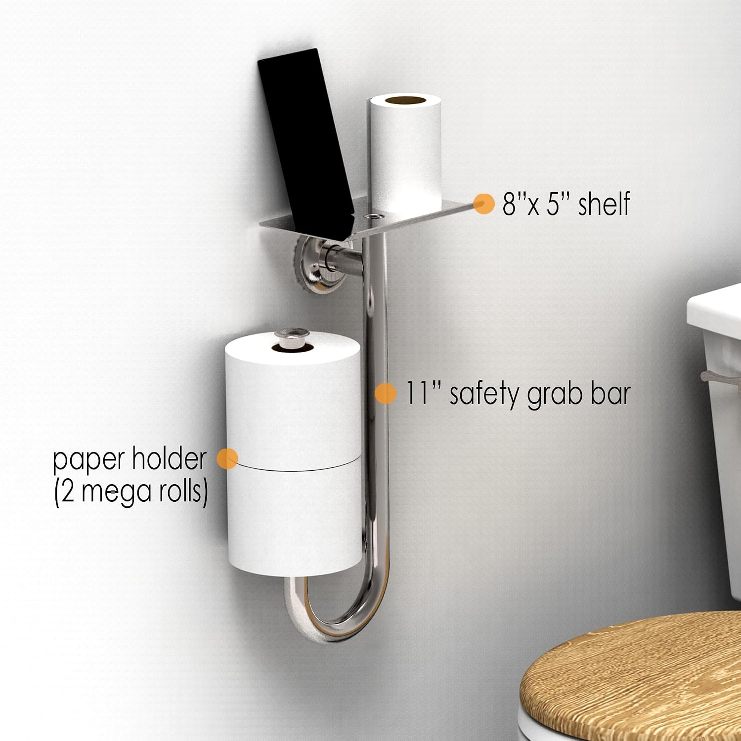 3-in-1 Toilet Safety Grab Bar with Built-in Tissue Paper Holder and Phone Shelf, for 2 Mega Rolls, 250lbs Weight Support When Mounted in Stud, Matte Black Right-Hand