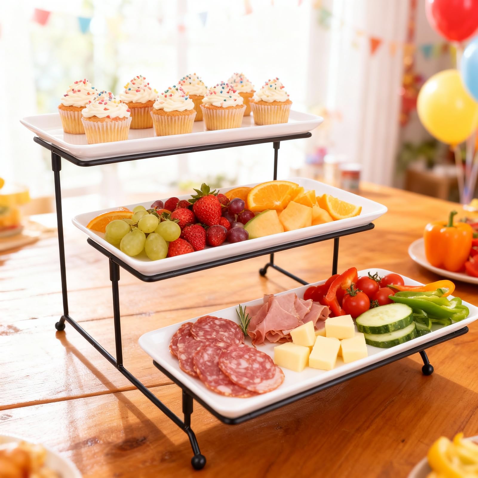 Plateau de Service à 3 Niveaux, Support de Nourriture avec Plateaux en Porcelaine Blanc à Plusieurs Niveaux de Plate