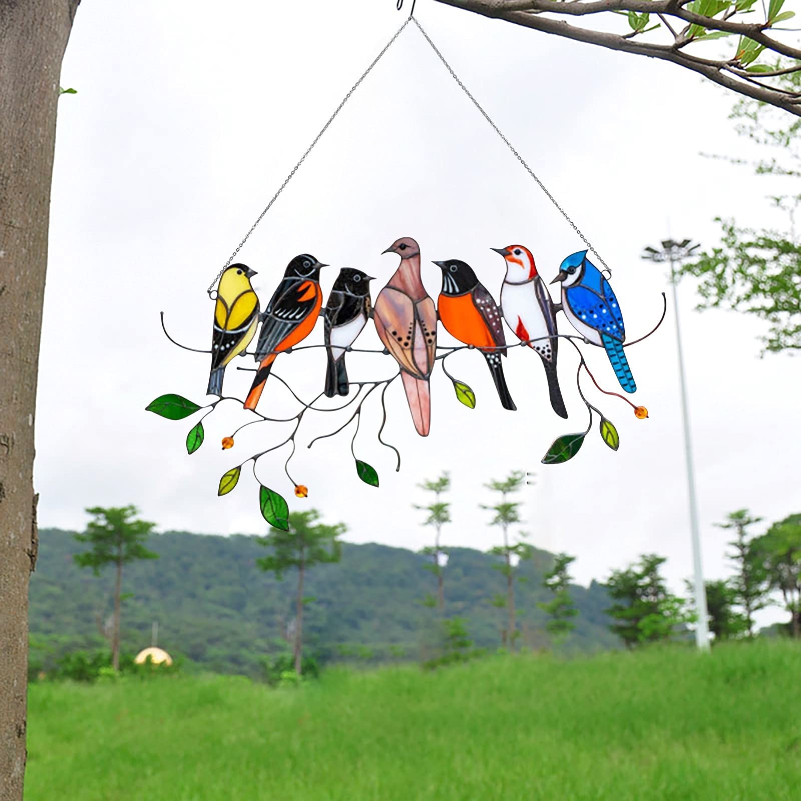 Glas-Fensterbehang, bunte Vögel auf einem Draht, hohe Buntglas-Fensterplatte, Vogel-Serie für den Außenbereich, Zuhause, Innenhof, Dekoration, Anhänger (mehrfarbig)