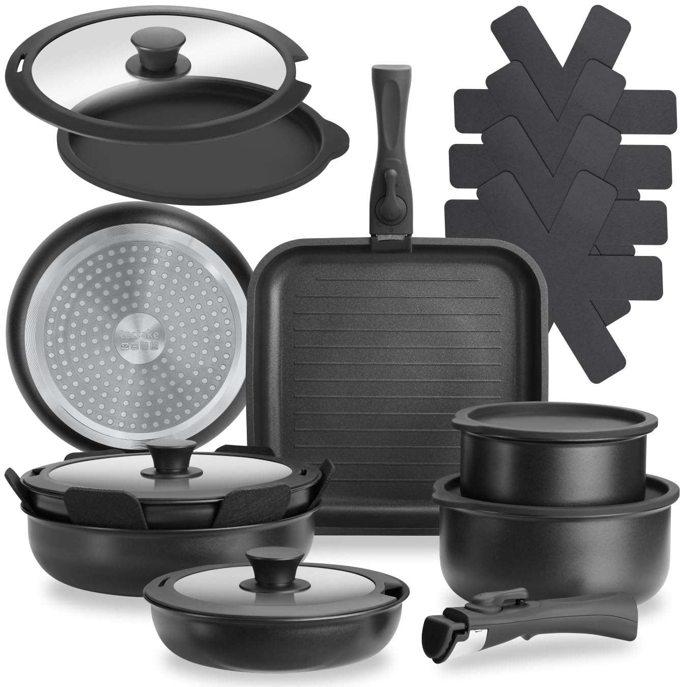 tectake®, Set di pentole 17 pezzi, set pentole induzione anche per pianio a gas ed elettrici, pentola per pasta, antiaderenti, manici removibili - 2 Padelle, 1 Padella Grill, 2 Pentola Pot, 4 Coperchi