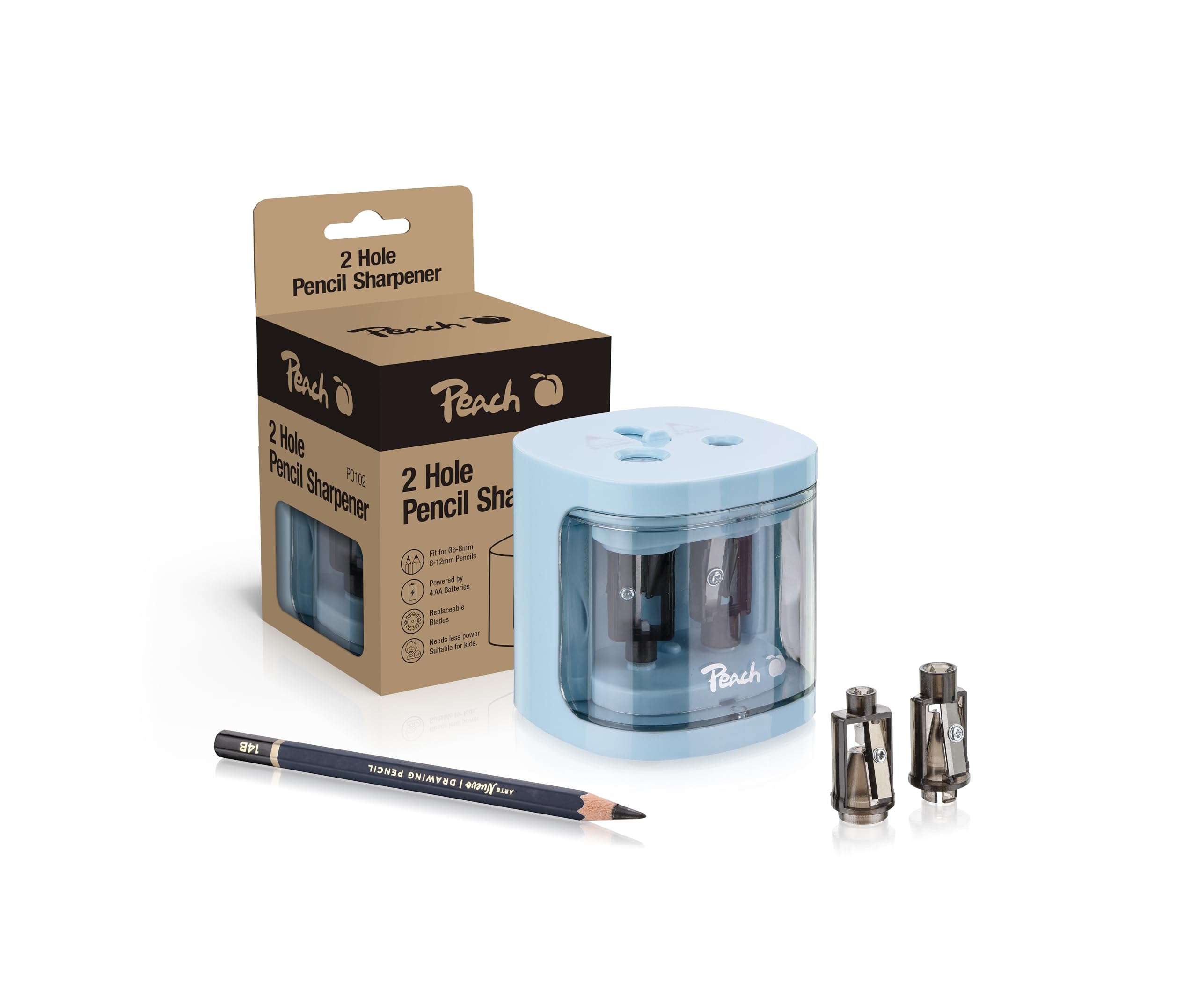 Peach PO102 Electric Universal Pencil Sharpener | Includes Spare Parts | for All Pencils, Colouring Pencils, Eyeliner and Wax Crayons | Double Sharpener for Pencils from 6-8 mm and 9-12 mm | Blue