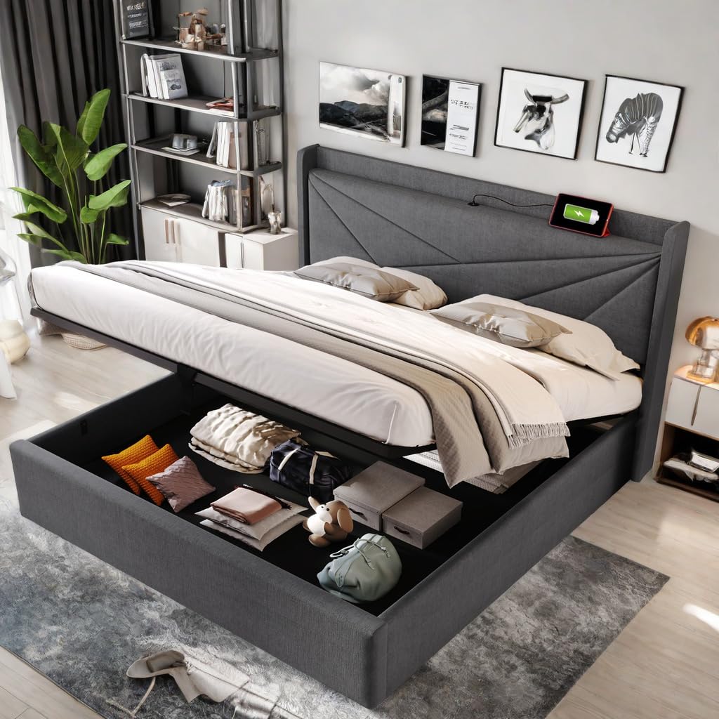 Coffre 160x200 avec Rangement et Port USB Type C - Lit Capitonné Double 160x200 cm Sommier à Lattes, Gris (sans Matelas)