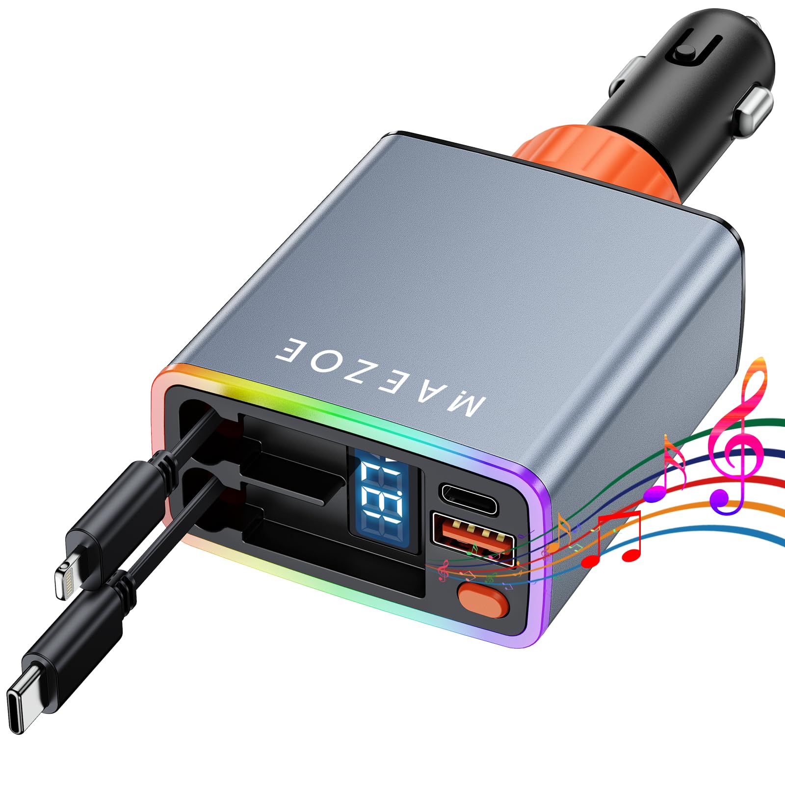 MAEZOE Retractable Car Charger with ????????????????????-???????????????????????????????????? ????????????????????, 120W USB C Car Charger Adapter Fast Charging, 4-in-1 Retractable Car Phone Charger for iPhone 16/15/14/13/12, Samsung