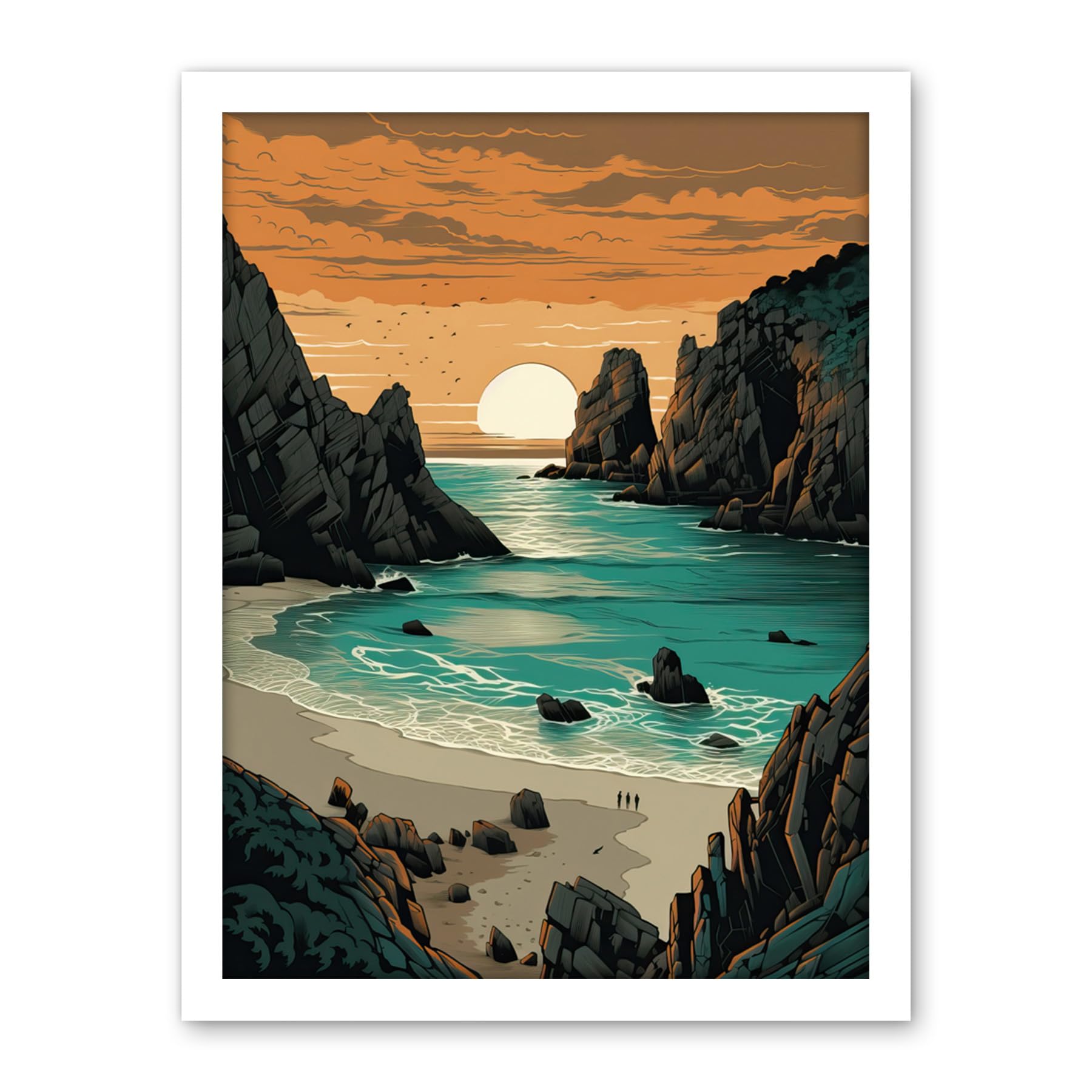 Artery8 Porthcurno Beach Sunrise Coastal Landscape Artwork Framed Wall Art Print 18X24 Inch