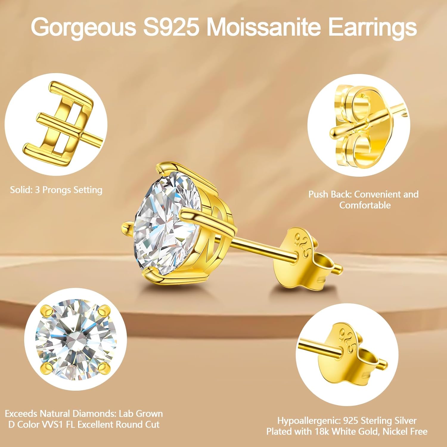 Moissanite Stud Earrings for Women, Lab Created Diamond Solitaire Earrings Gold Vermeil 925 Sterling Silver Jewelry Gift Women Men - Image 4
