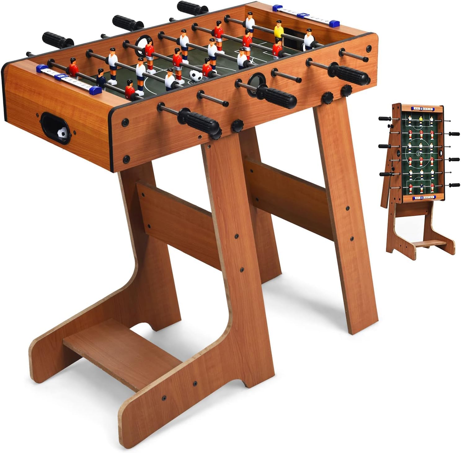 RELAX4LIFE Futbolín Plegable de Madera con Patas, 6 Asas, 18 Jugadores, 2 Balones y 2 Marcadores, Futbolín para Niños y Adultos, Juegos de Mesa para Dormitorio, Bar, Salón, Fiestas, 36x69x71cm