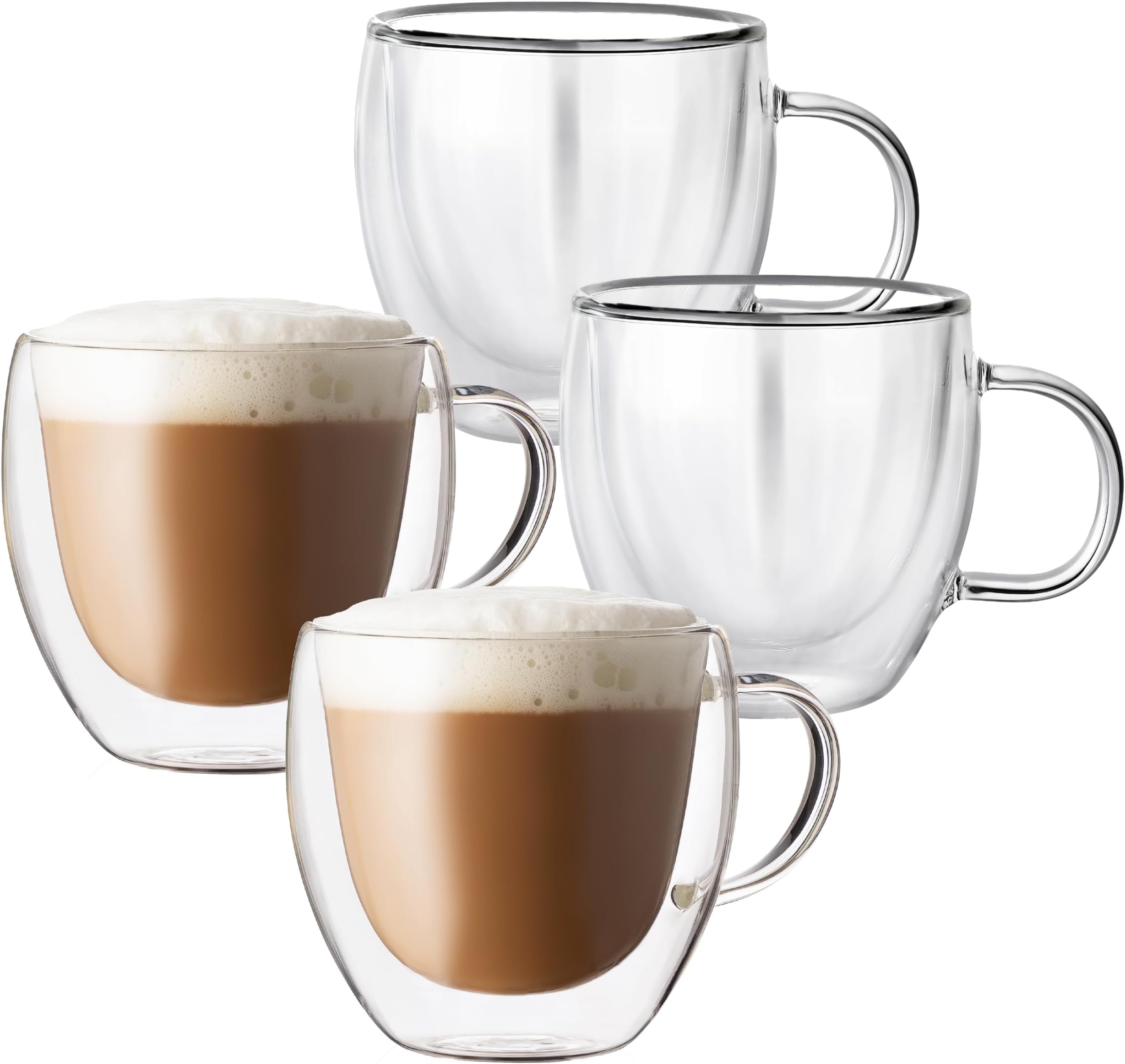 Double Walled Glass Coffee Mugs Set of 4, 8.5 OZ Clear Glass Insulated Mugs with Handle for Cappuccino, Tea, Latte, Cups, Beverage Glasses Heat Resistant