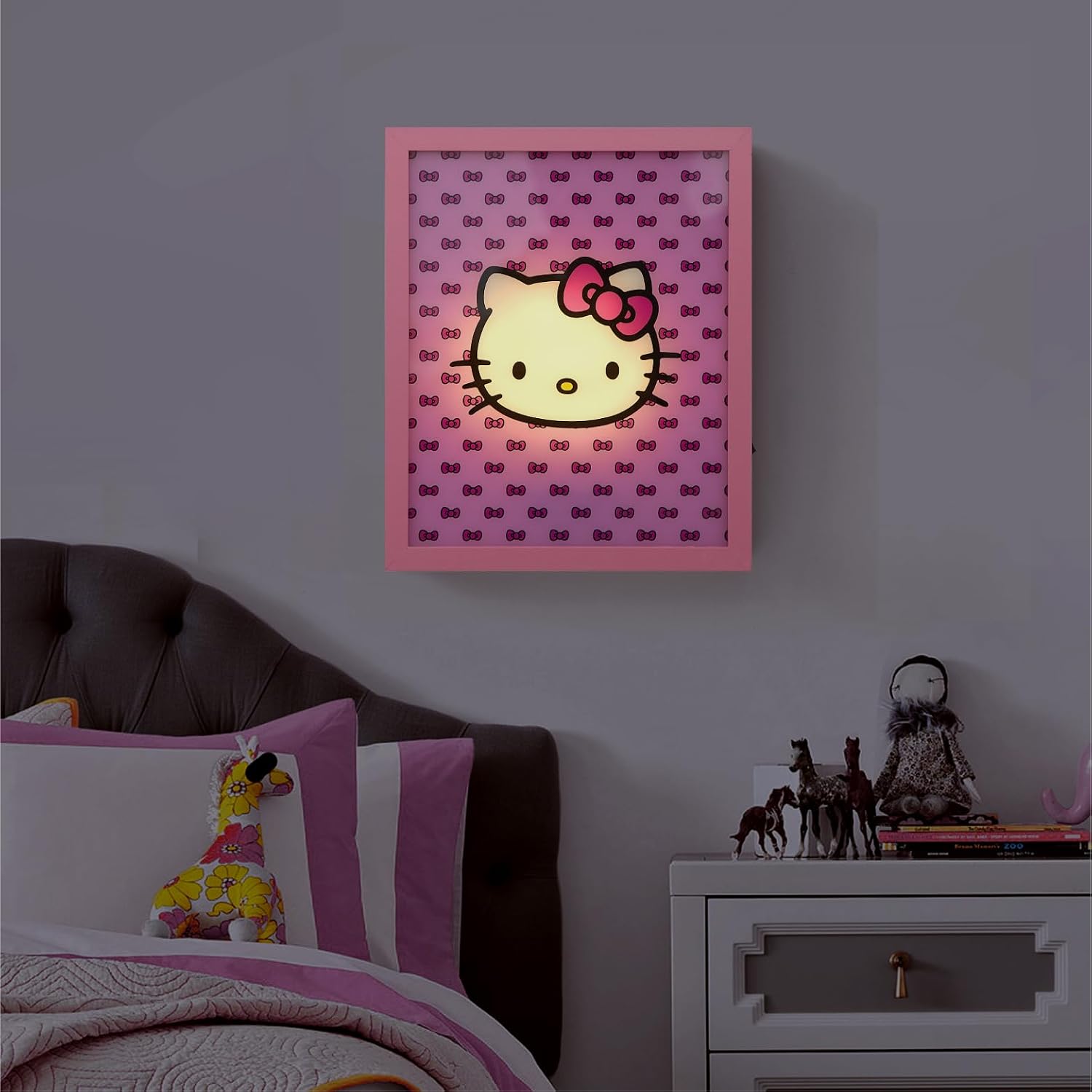 Idea Nuova Sanrio Hello Kitty Pink Bow LED Glowing Canvas Wall Art Panel for Room Décor,11.5"x9.5"