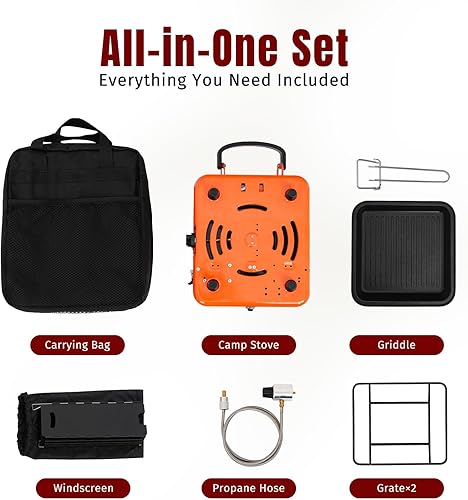 Miniatura 8 de Estufa de campamento de doble quemador con bolsa de transporte y protector contra el viento, estufa portátil plegable para campamento, estufa de