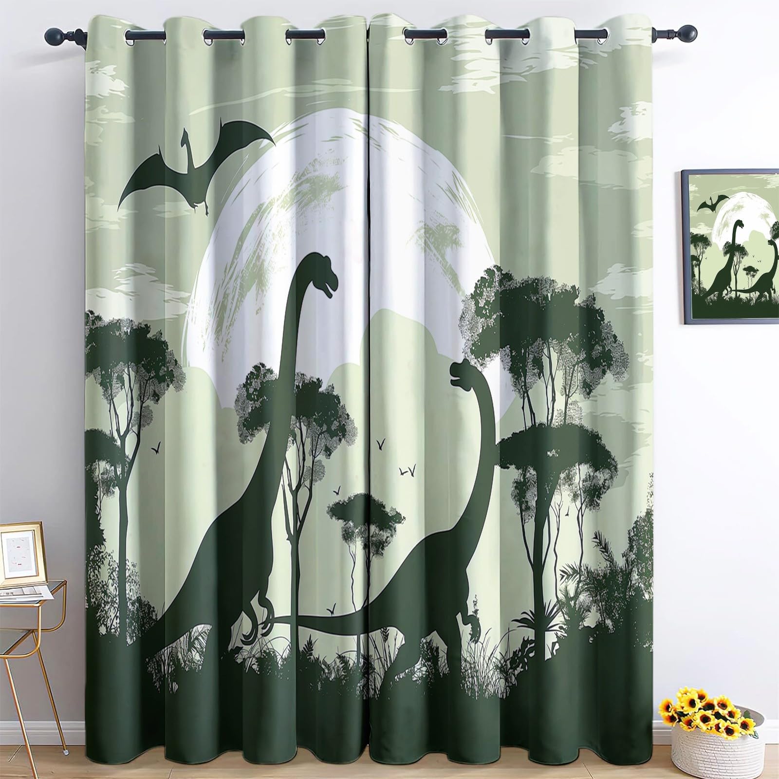 Cortinas opacas para dormitorio, 2 unidades, 46 pulgadas de ancho x 54 pulgadas de largo, estampado de árboles de dinosaurio, cortinas con aislamiento térmico, para decoración de habitación de niños,