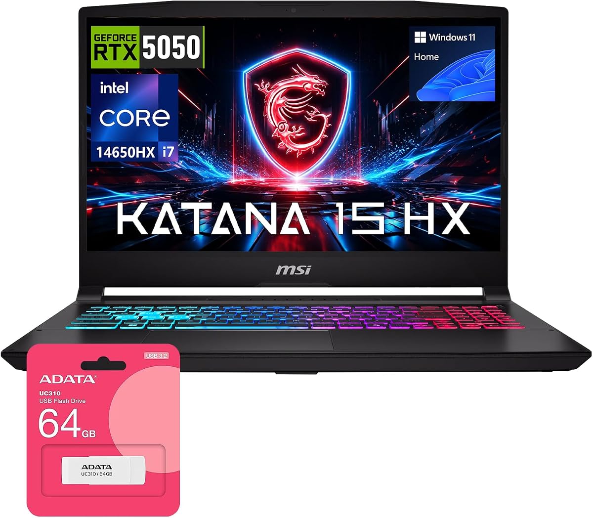 msi Katana 15 HX RTX 5050 Intel i7-14650HX 16GB DDR5 1TB SSD Gaming Laptop | 15.6" 144Hz FHD IPS-Level, 4 zone RGB keyboard w/Anti-Ghost Key,HDMI, 75Whr Battery, Windows 11 Home