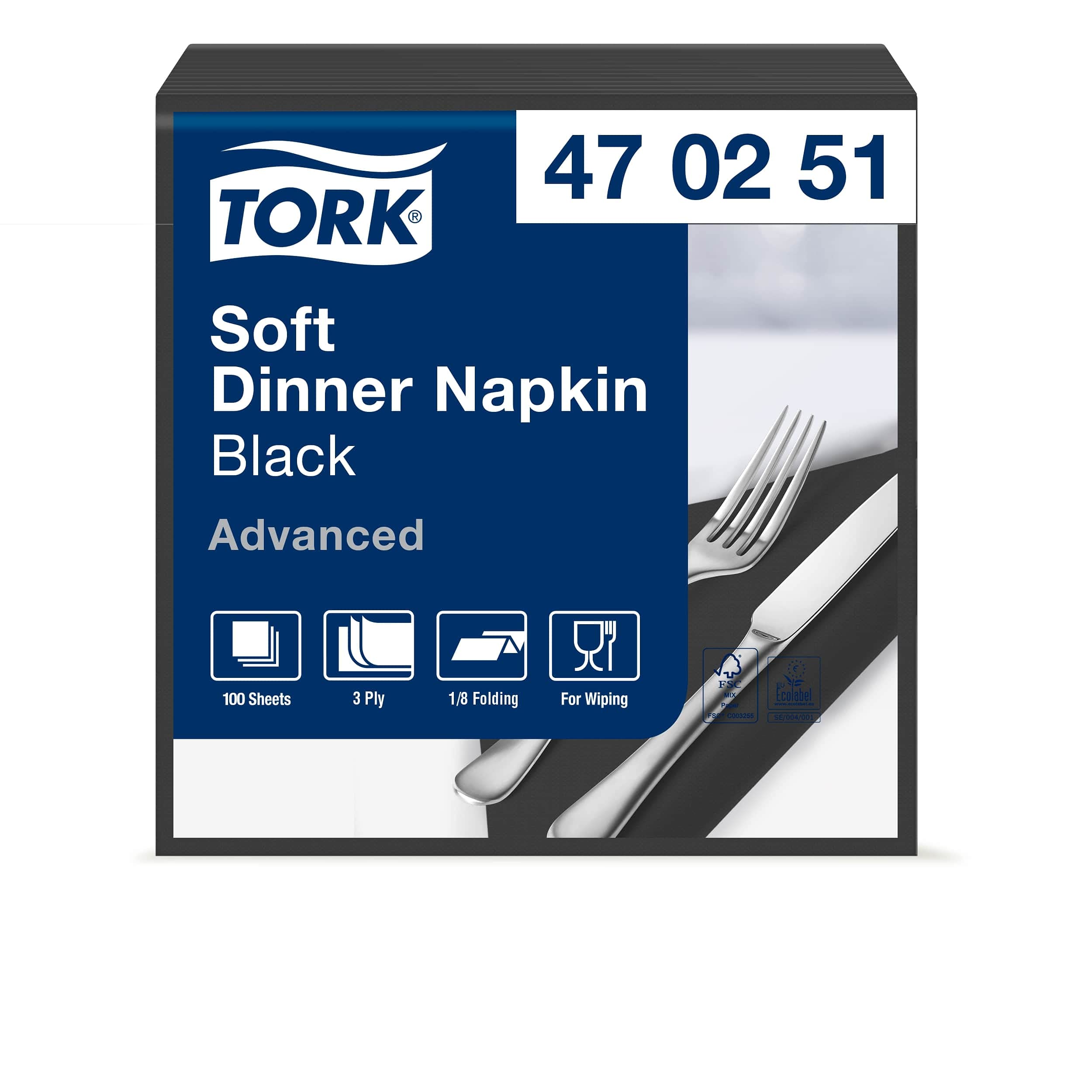 Tork 470251 miękkie serwetki obiadowe czarne składane 1/8 / 3-warstwowe serwetki papierowe/idealny rozmiar na kolację/zaawansowana jakość / 12 x 100 (1200) wstępnie złożonych serwetek / 39 x 39 cm