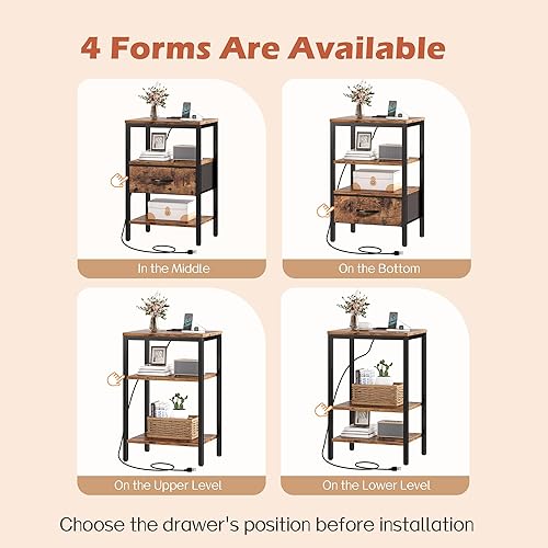 Miniatura 5 de SUPERJARE - Juego de 2 mesitas de noche con base de carga, cajón de tela ajustable, mesita de noche para dormitorio, mesas auxiliares de 3 niveles,