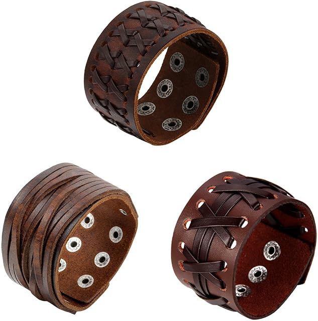 Oidea Assorted 3pcs Mens Punk Multistrand Leather Braided Bangle Cuff Bracelet for Biker, Size Adjustable,Brown