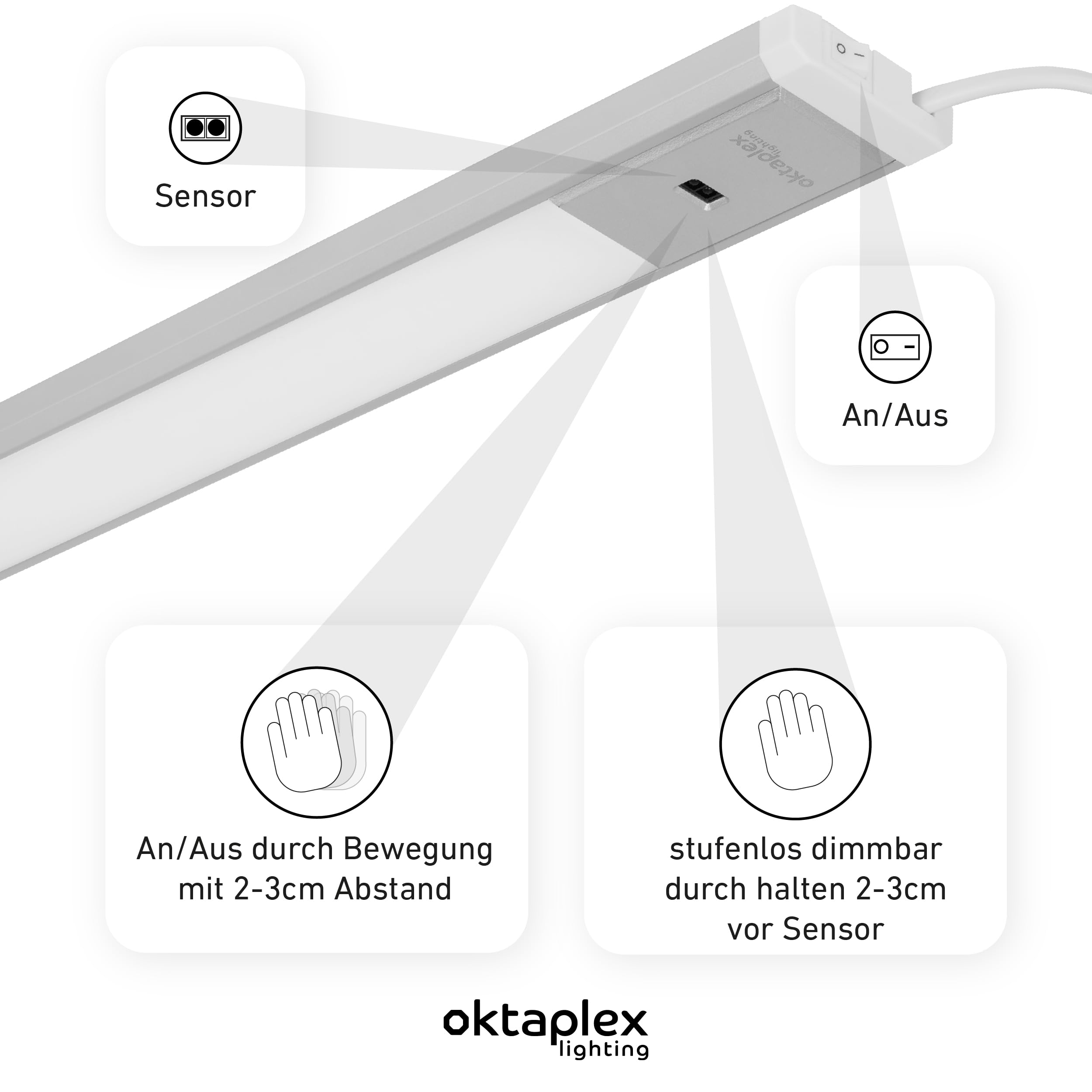 Oktaplex Riva LED Unterschrankleuchte 90cm flach mit Sensor 730lm Dimmbar Warmweiß 3000K 10W silber