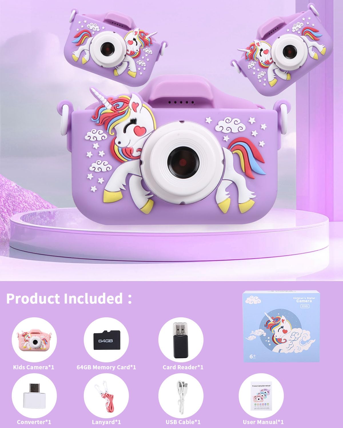 Aparat dla dzieci Azyvum, kamera cyfrowa 1080p, ekran 2,0" IPS, 64 GB, selfie, 3-12 lat, chłopcy i dziewczynki, prezent urodzinowy, Boże Narodzenie