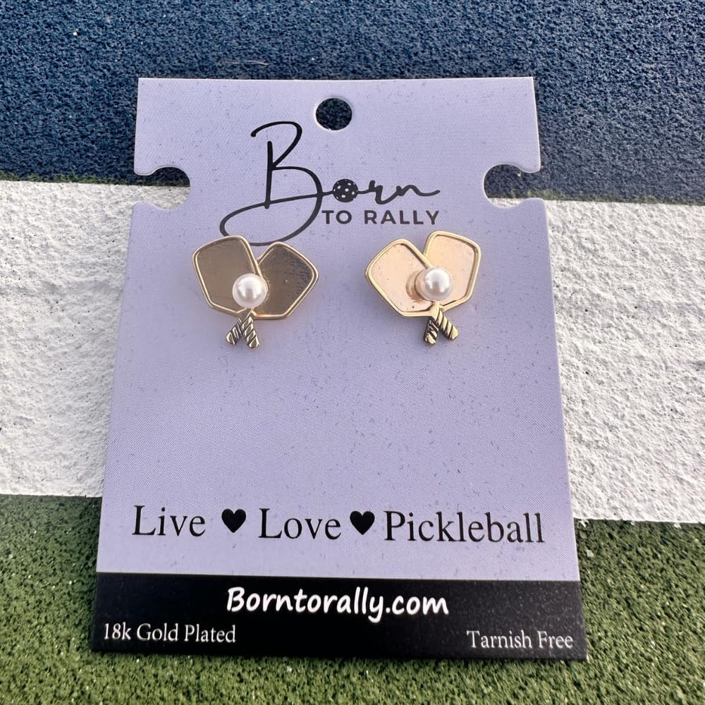 Pickleball Earrings for Women — Double Paddle Stud Earrings with Rhinestone Ball, Cute Pickleball Gift, Sporty Jewelry