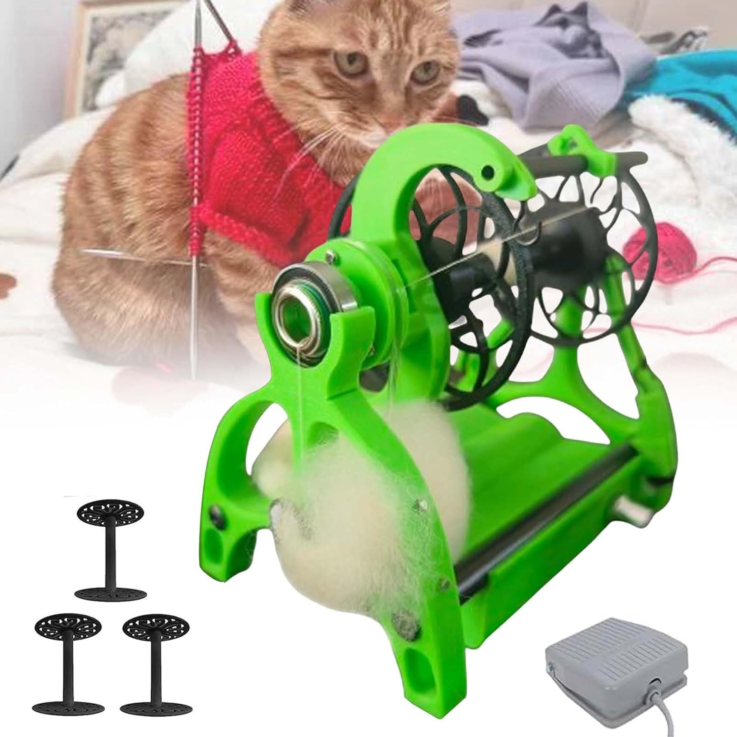 800RPM Automatic Spinning Wheel for Wool, 12v Dog Cat Hair Wool Spinning Thread, with 3x4-Ounce Spools, Adjustable Speed Knob, Forward and Reverse Switching (Green)