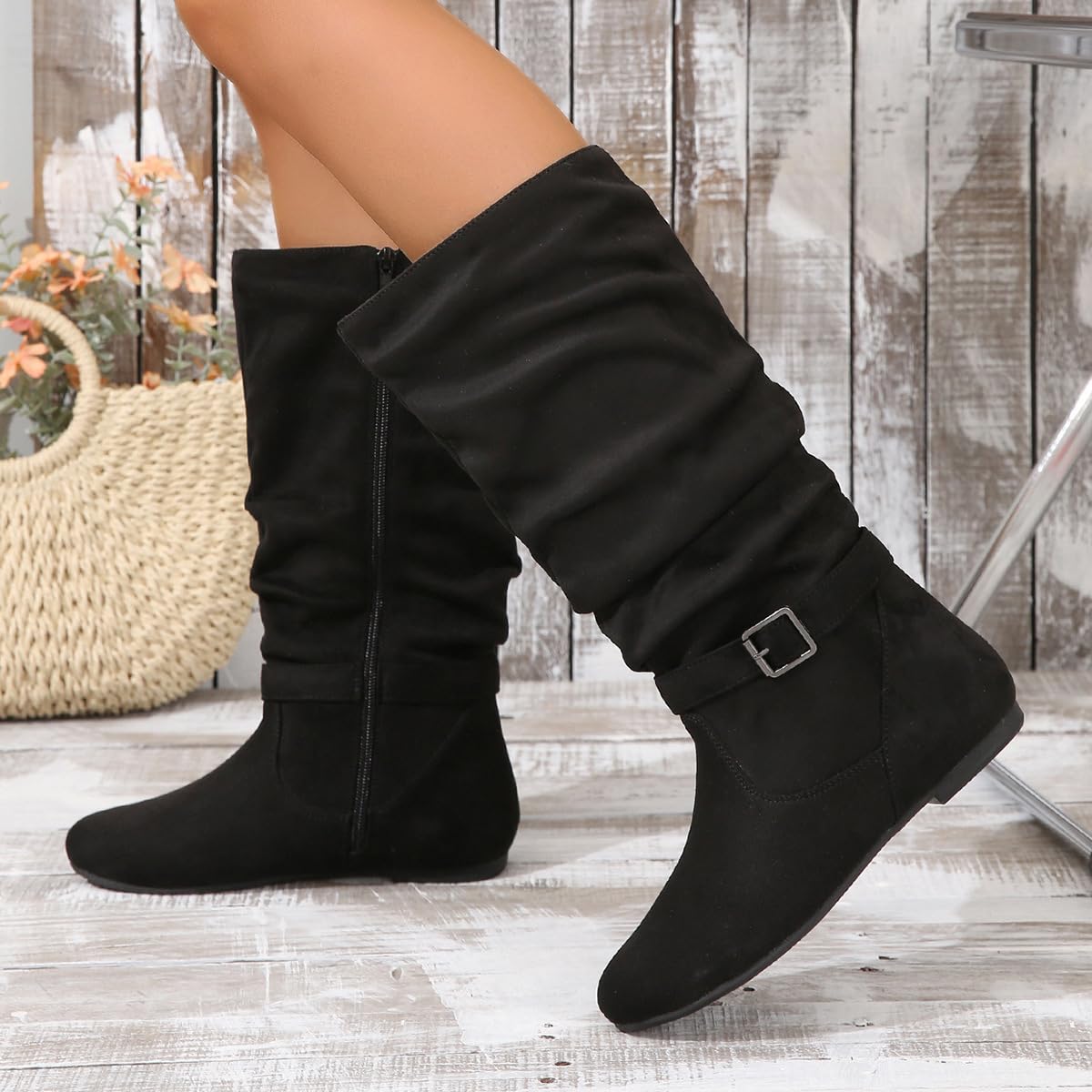 Botines de Ante para Mujer Caña Media Estilo Retro Arrugado Punta Redonda Tacón Bajo Plano Cremallera Lateral Completa Calzado Casual para Todas las Estaciones para Trabajar Citas y Viajar