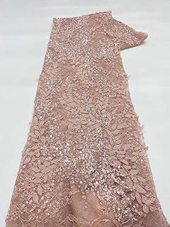 Elegant 3D Embroidered Tulle Lace Fabric 5 Yards with Beads and Sequins Perfect for Wedding Dress Bridal Gown Making (Pink Beige,5 Yards)
