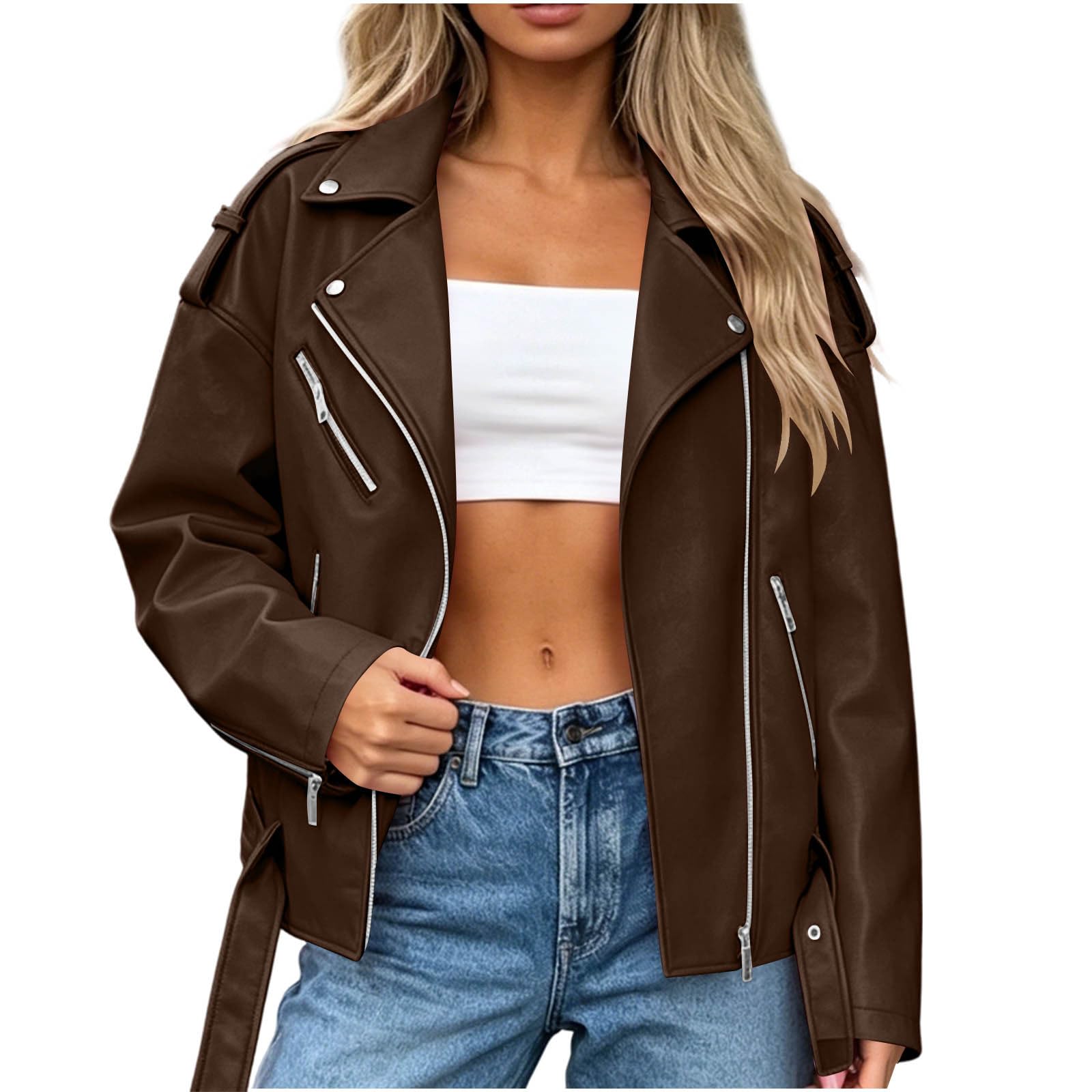 Jamicy Lederjacke Damen Lang Motorradjacke Leder Bikerjacke Oversize Kunstlederjacke Motorrad Damen-Jacken Fashion Bomberjacke Lässige Pilotenjacke Freizeit Fliegerjacke Vintage Outdoorjacke S-5XL