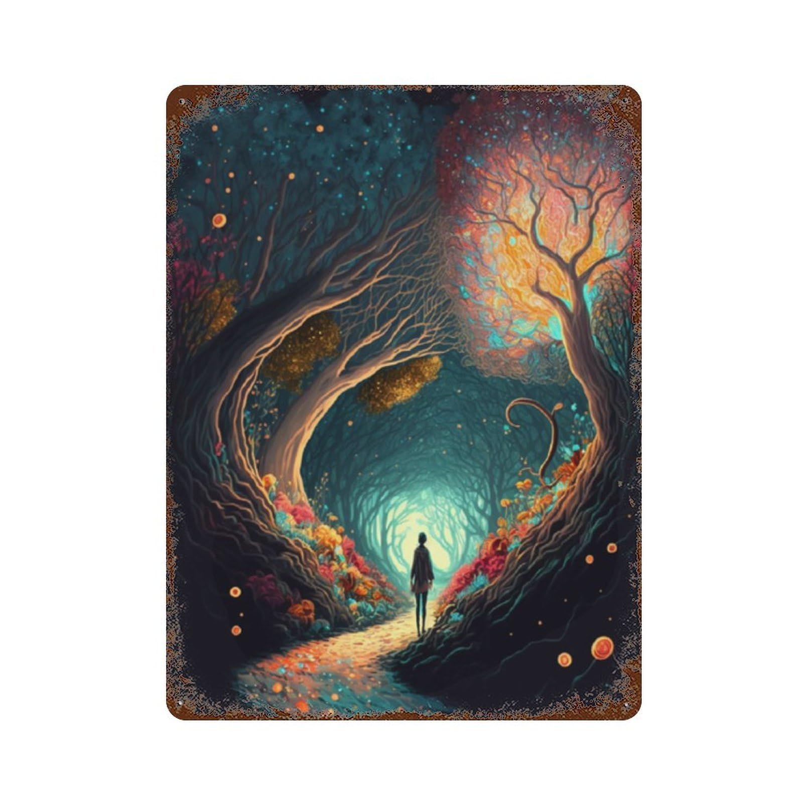 Magical Forest Pathway Distressed Metal Wall Sign 15.7"x11.8", Ideal for Patio, Garden Room And Bar Decor