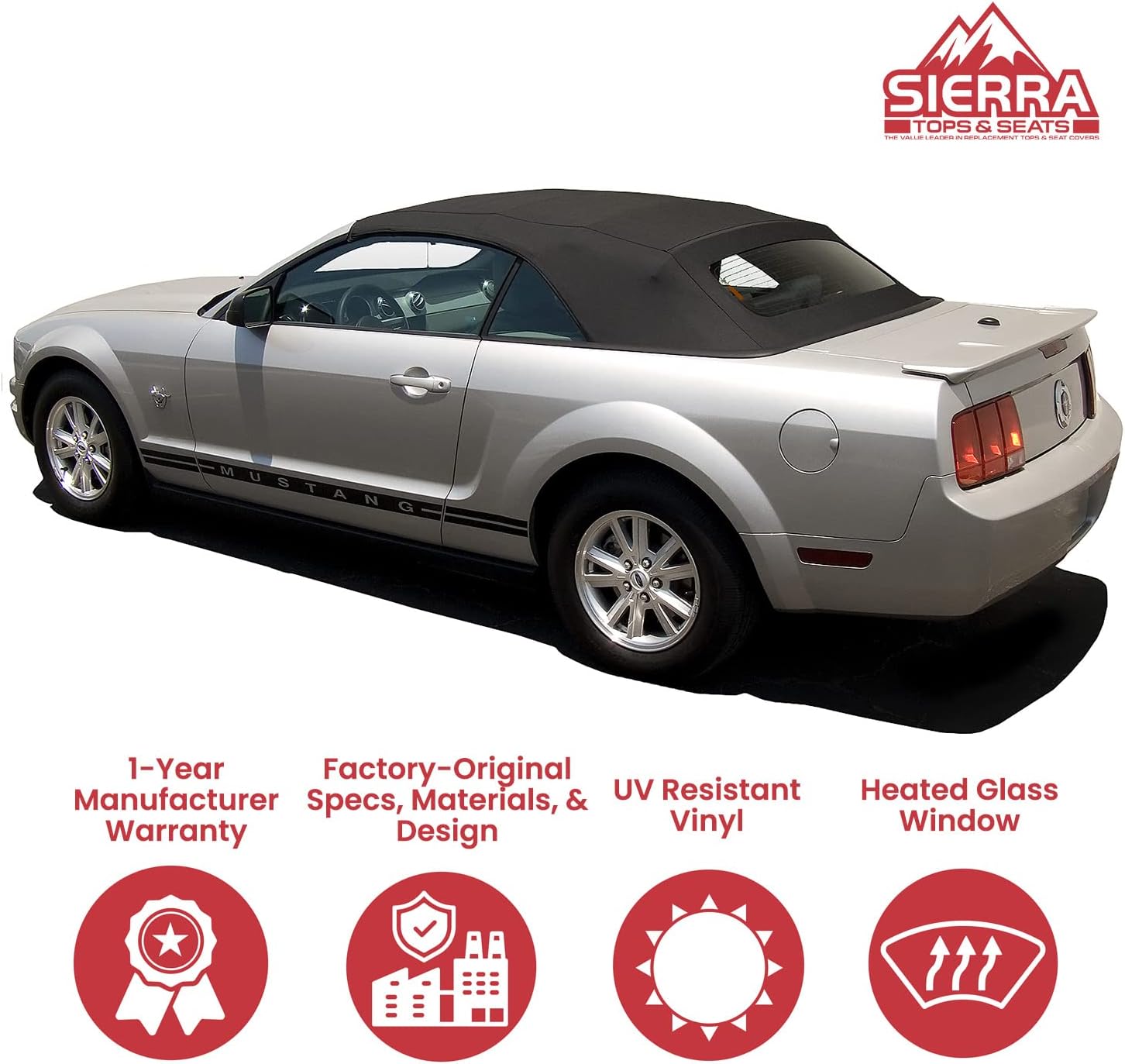 Sierra Auto Tops Replacement Convertible Soft Top with Heated Glass Window, fits Ford Mustang, Shelby, and GT500 Models 2005-2014, Premium Grade Sailcloth Vinyl, Black