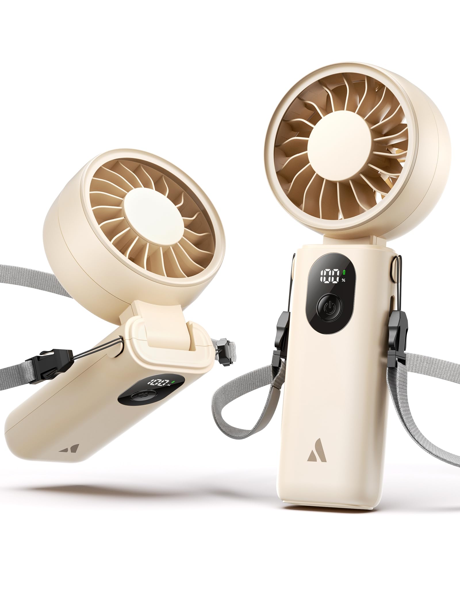 Aecooly Mighty Handheld Portable Fan,USB Rechargeable Mini Personal,5 Speeds Wind,20H Max Cooling,3 Flexible Modes Foldable Fan with Battery Level LED Display, Travel Essentials,Gifts for Women-Beige โ image 1