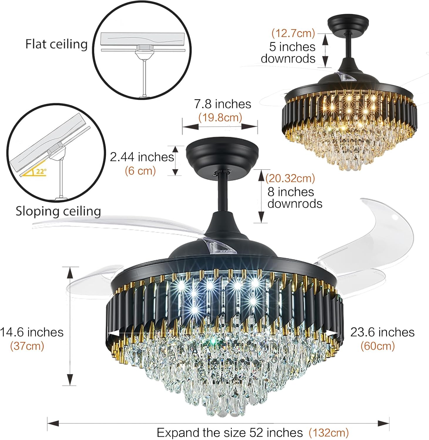 52" Black Crystal Chandelier with fan,Dimmable LED Crystal Fandelier Ceiling Fans with Lights and Remote ,Modern Retractable Invisible Ceiling Fan with Light for Dinning Room Living Room Bedroom Black 52"