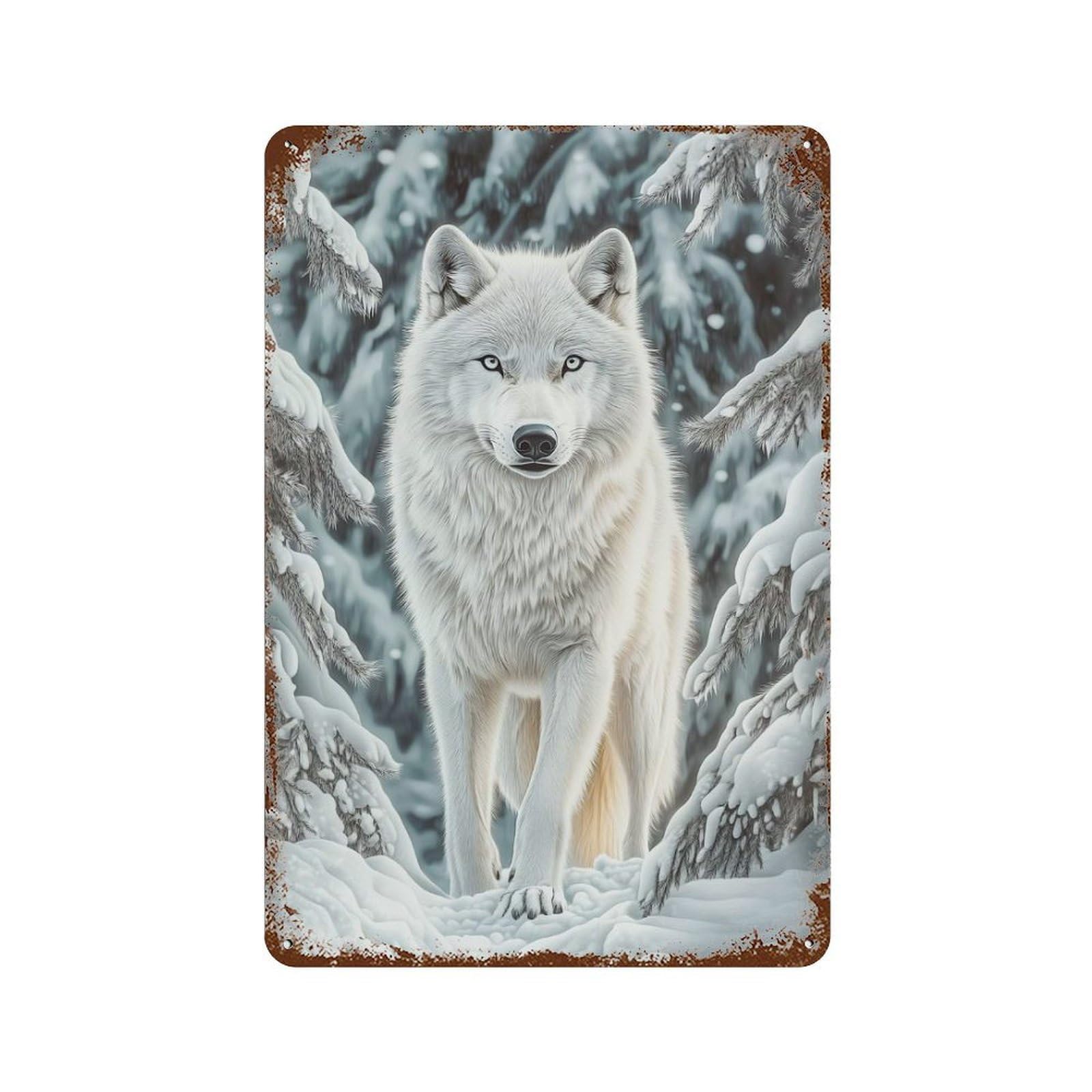 White Wolf in Winter Forest Weathered Tin Sign 11.8"x7.9", Ideal for Basement, Hobby Room And Garage Decor