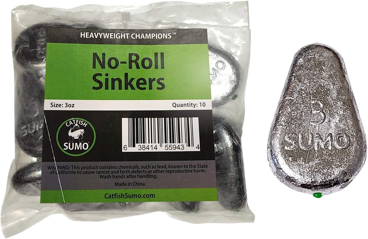 Catfish Sumo 3oz Flat No-Roll Sinker Weights with Line-Protecting Inserts to Guard Against Damage in River (10-Pack)