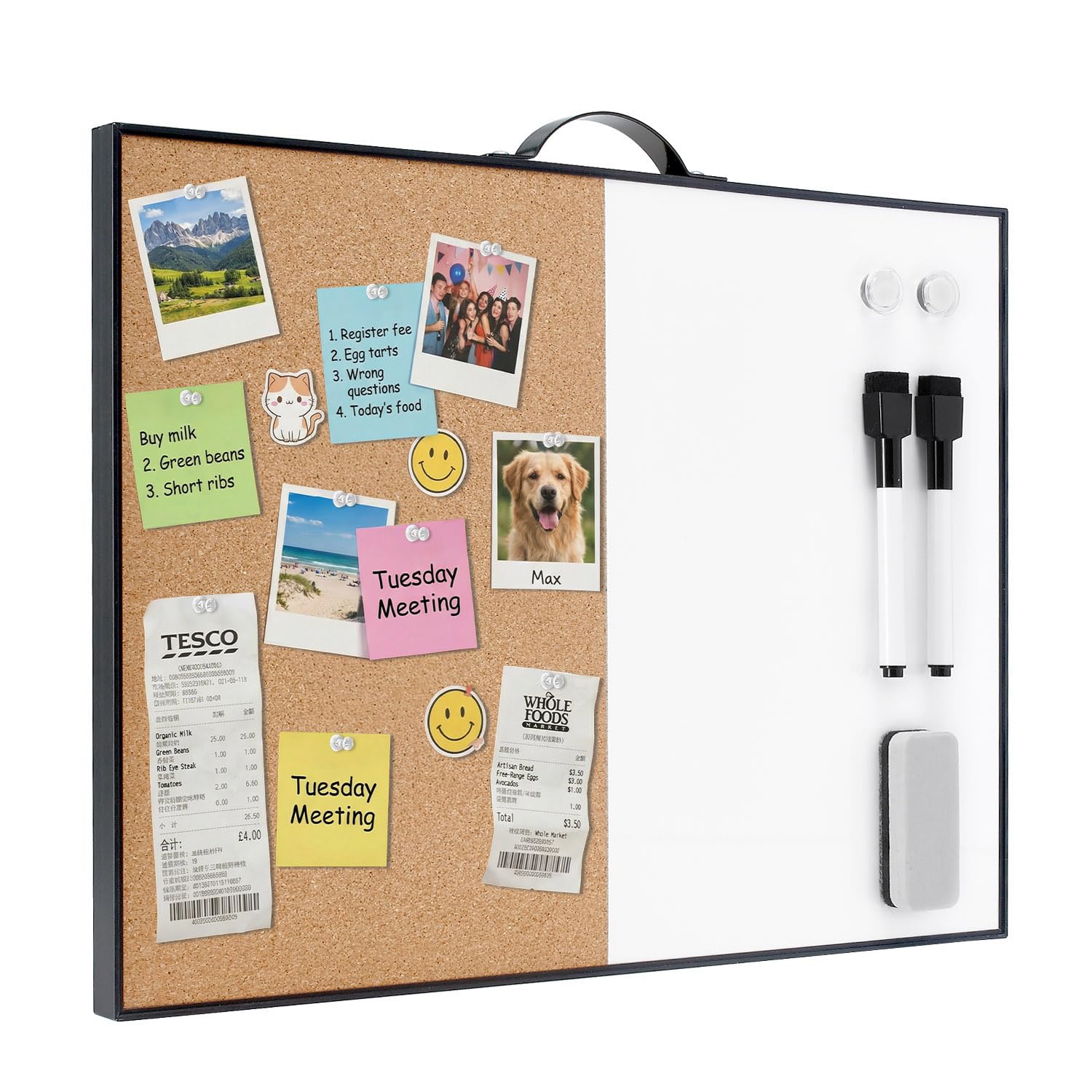TSJ OFFICE Small Whiteboard Cork-Board - 12" X 16" Portable Aluminum Black Framed Magnetic Dry Erase Board for Wall, Small Bulletin Cork Board with Holder for Office, Home and School