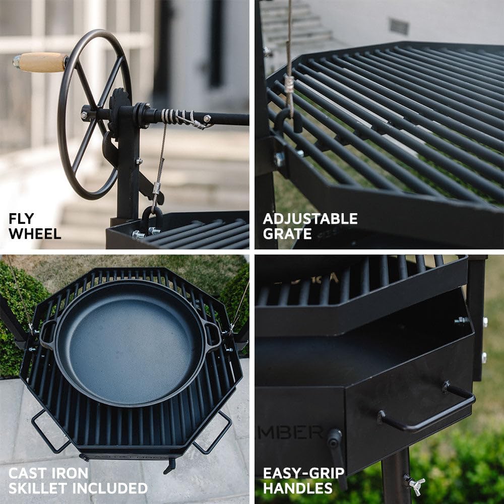 TITAN GREAT OUTDOORS Ash & Ember Santa Maria Grill, Argentine Style Open Fire Grill, Adjustable Cooking Grate with Flywheel, BBQ Grill Comes with Cast Iron Skillet