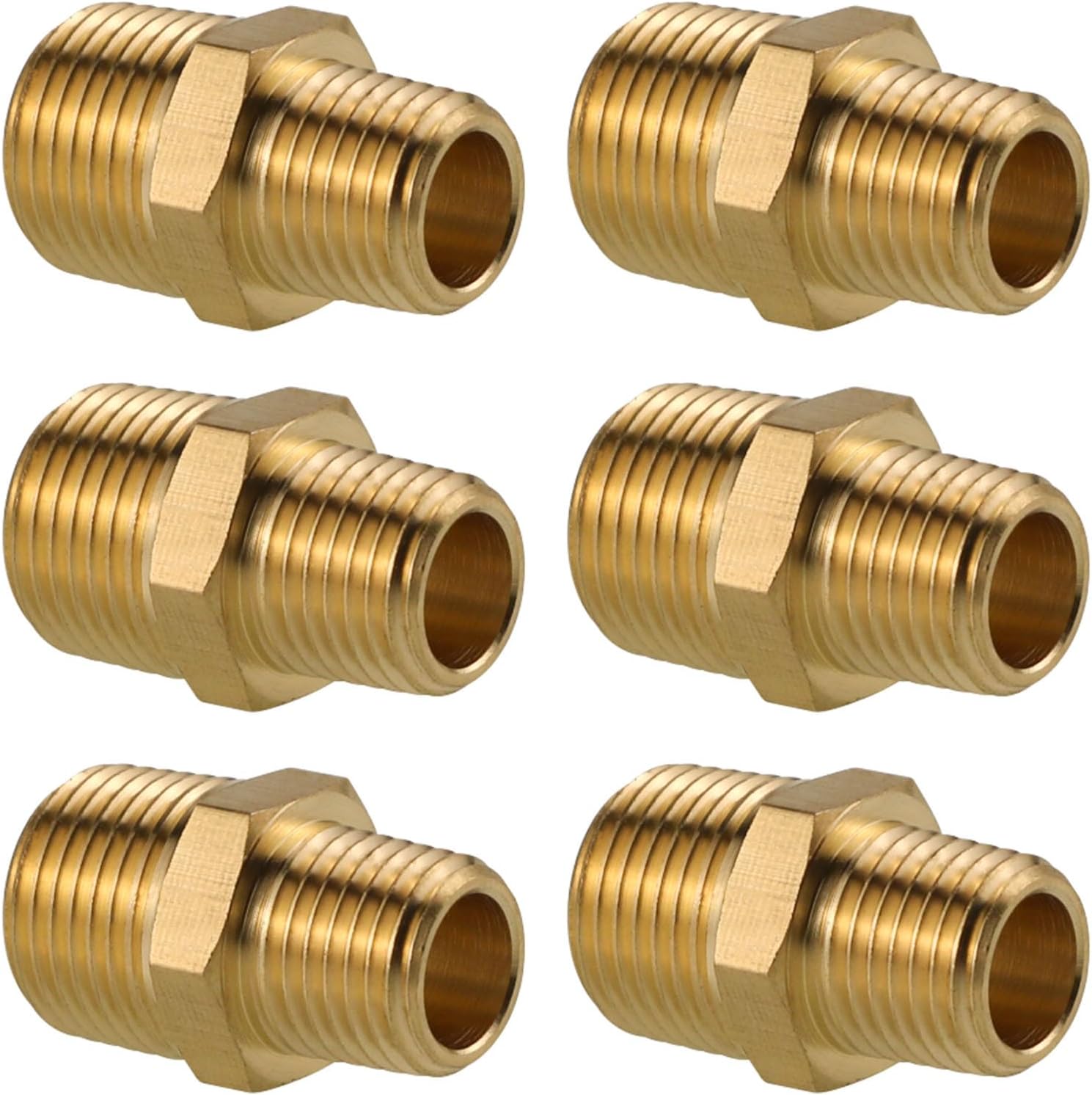 Angry Pony Hex Nipple Pipe Fitting,NPT 1/4 Male to NPT 3/8 Male Thread Brass Pipes Adapter for Copper Aluminum Iron Pipe Connection (6pcs)