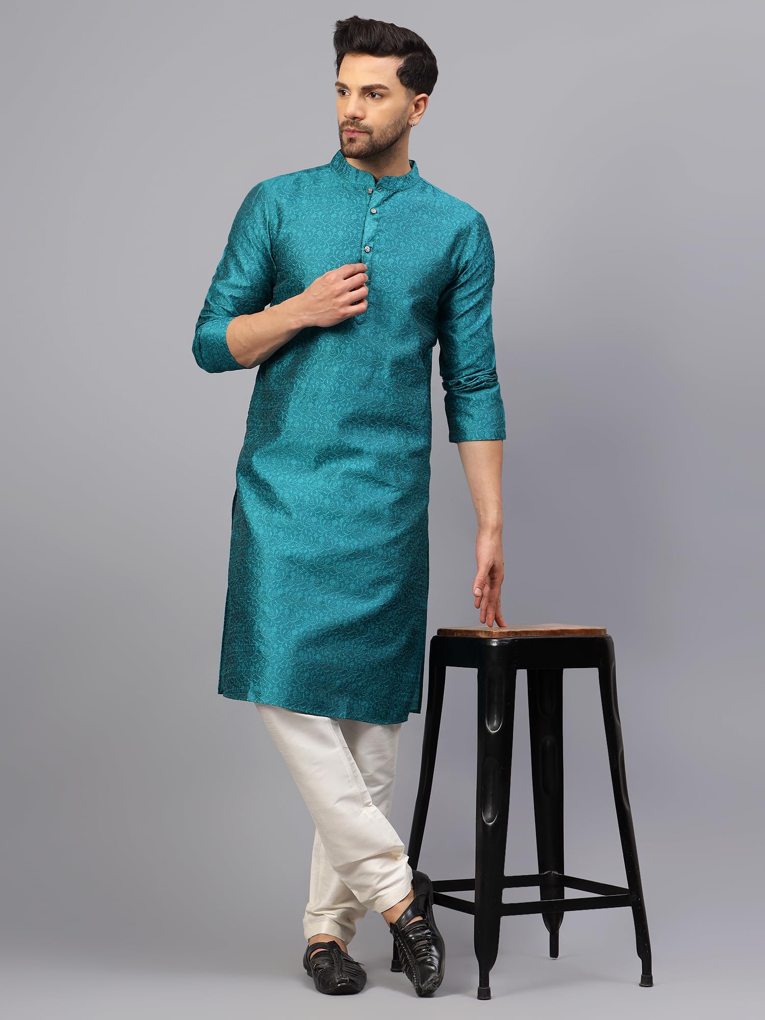 LATEST CHIKAN Men's Silk Blend Jacquard Kurta Set with Off-White Pant Style Pajama | Festive&Wedding-Ethnic-Wear -KP-SB-TL-38 - Image 2 thumbnail