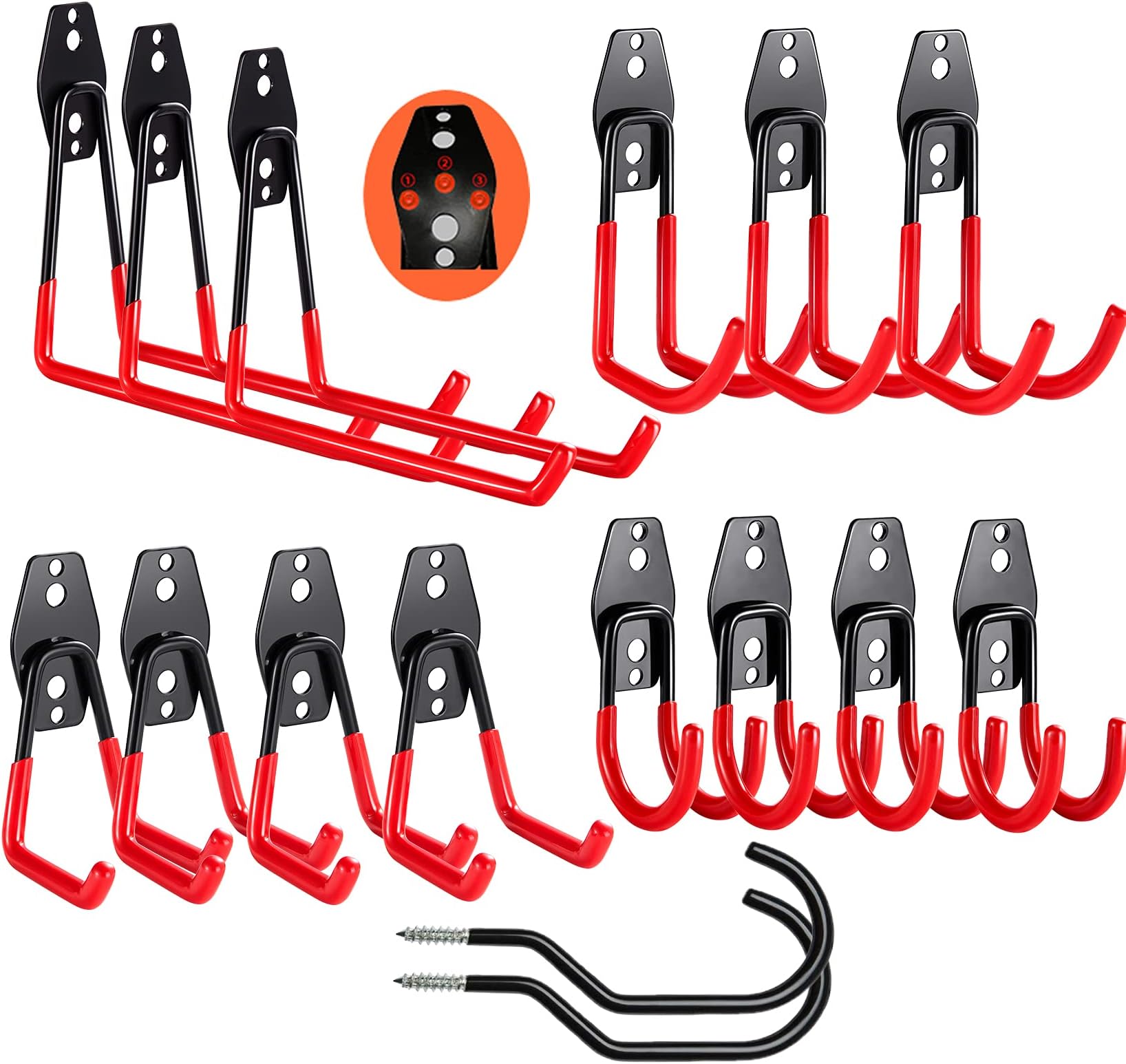 Tang-DF Garage Hooks , 16 pc Garage Hooks Heavy Duty, Garage Wall Utility Wall Mount Garage Hooks and Hangers with Anti-Slip Coating for Garden Tools, Ladders, Bulky Items (14, Black), Red