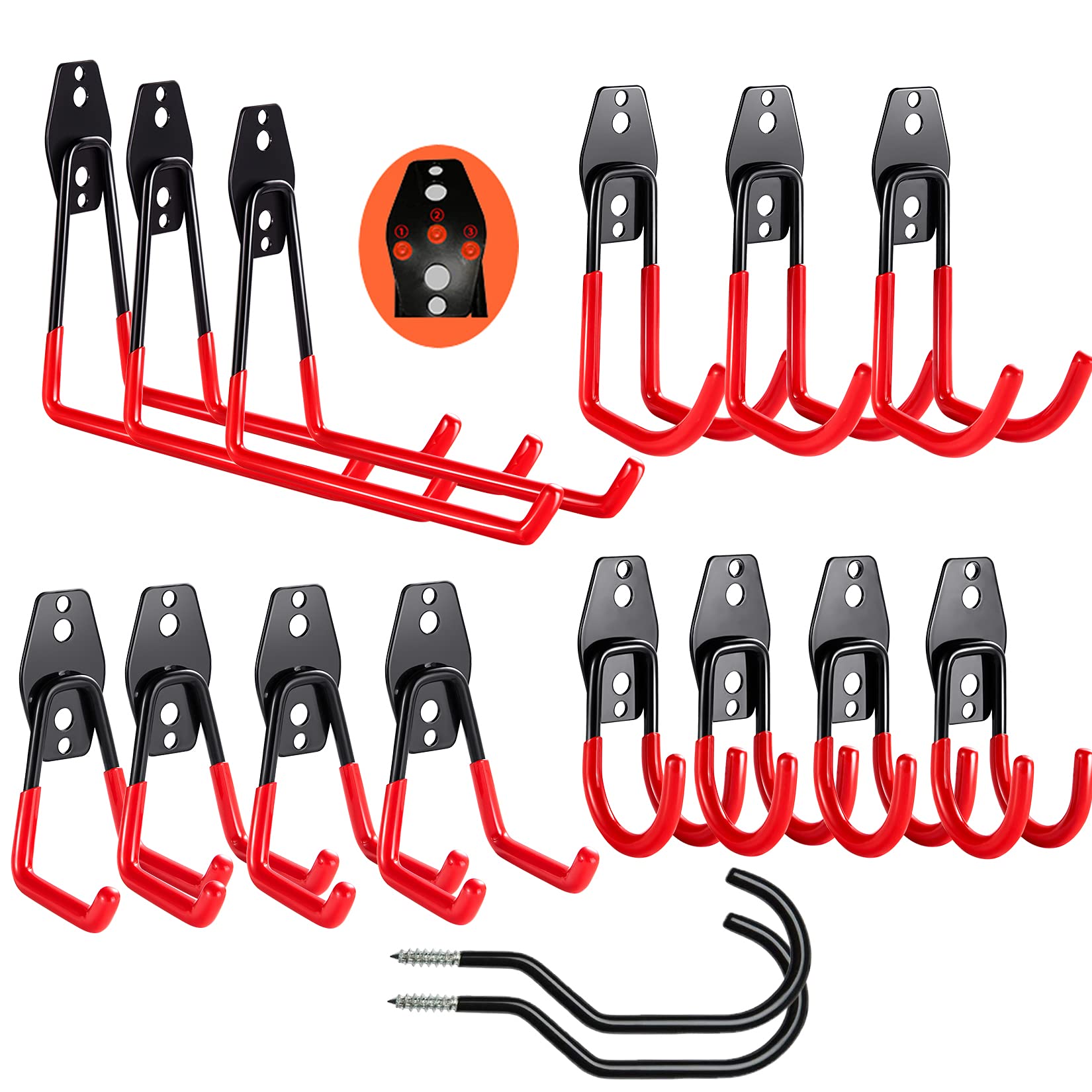 Tang-DF Garage Hooks , 16 pc Garage Hooks Heavy Duty, Garage Wall Utility Wall Mount Garage Hooks and Hangers with Anti-Slip Coating for Garden Tools, Ladders, Bulky Items (14, Black), Red