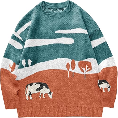 Flygo Men's Cow Sweater Harajuku Oversized Sweaters Chunky Casual Knit Pullover 